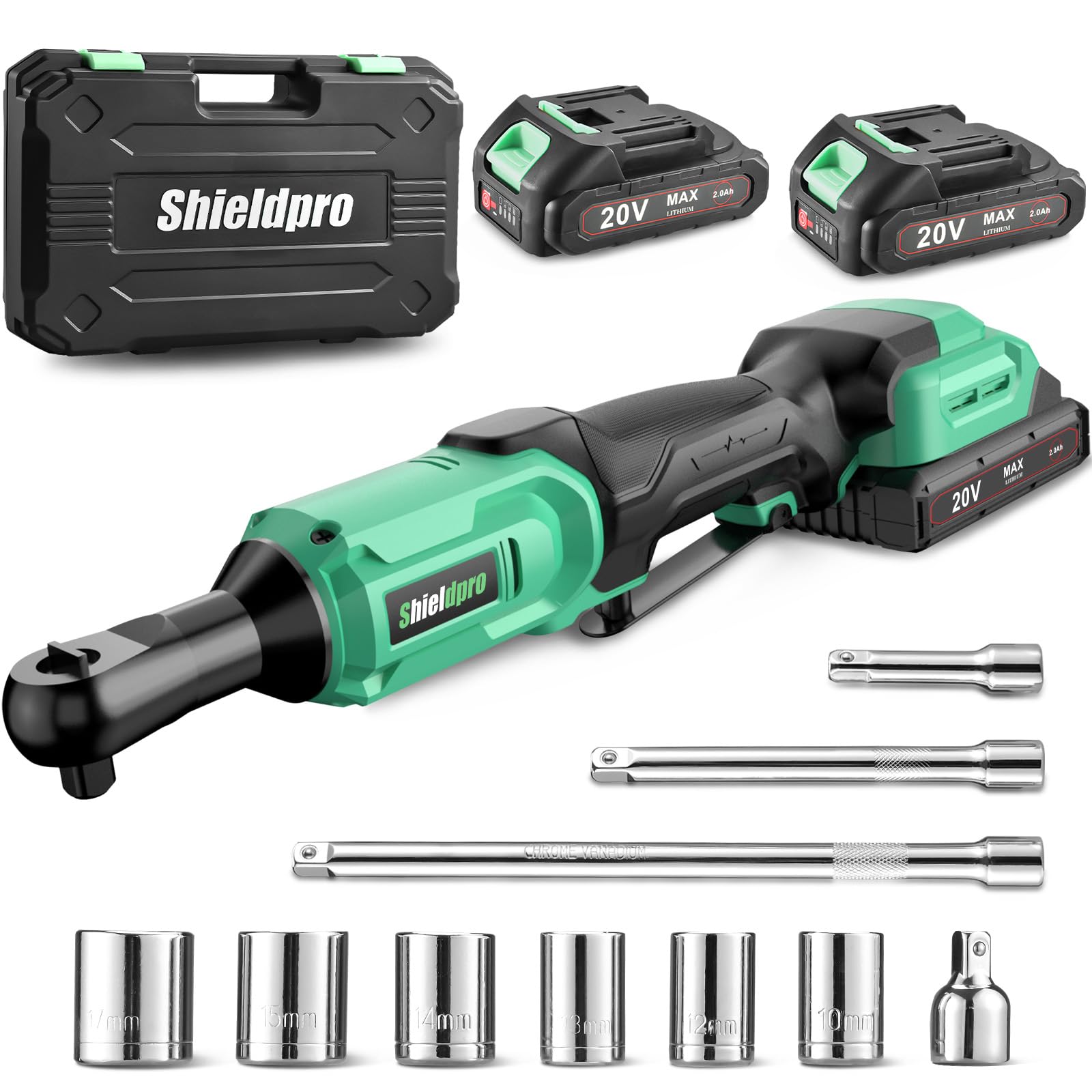 ShieldPro 20V Cordless Ratchet Wrench Set - 3/8" Electric Power Ratchet Kit with 400RPM, LED Work Light, and 2 Batteries, Fast Charger, Sockets,