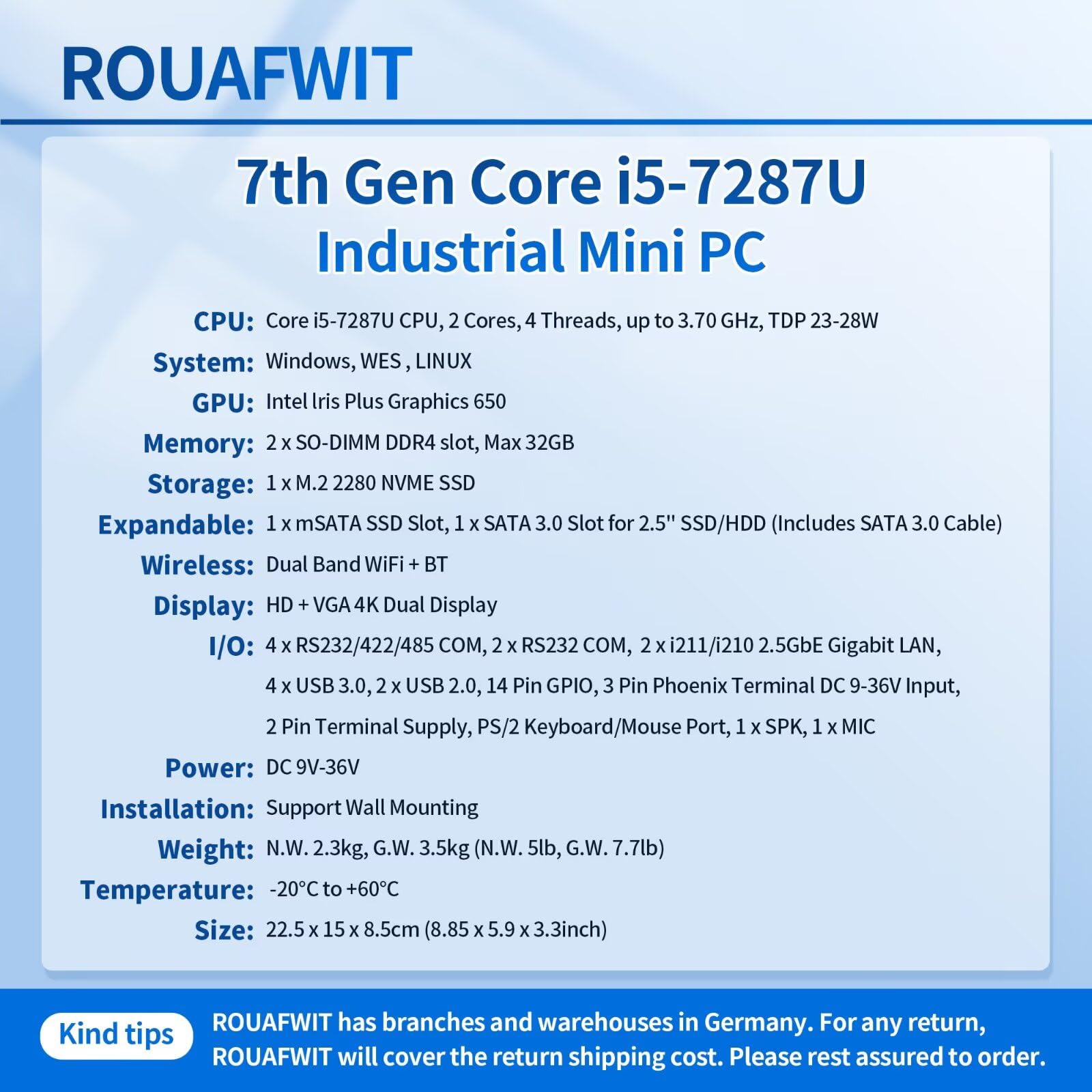 Industrie PC Fanless Mini PC Core i5-7287U, DDR4 0GB RAM 0GB SSD, Barebone, 4RS232/422/485 COM, 2Gigabit LAN, HD+VGA, Fanless Industrial Fanless Embedded Auto Power On