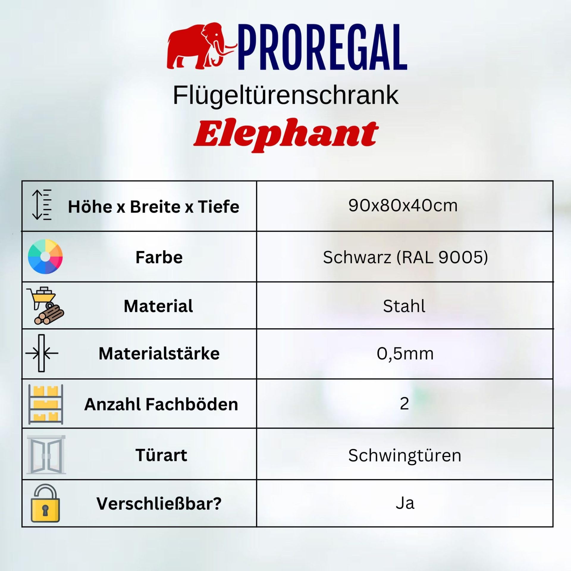 PROREGAL Aktenschrank Elephant abschließbar aus Metall mit Beinen & 2 Türen 80 cm breit 2 Ebenen Schwarz Mehrzweckschrank 103x80x40cm Büroschrank Metallschrank Aufbewahrungsschrank Ordnerschrank