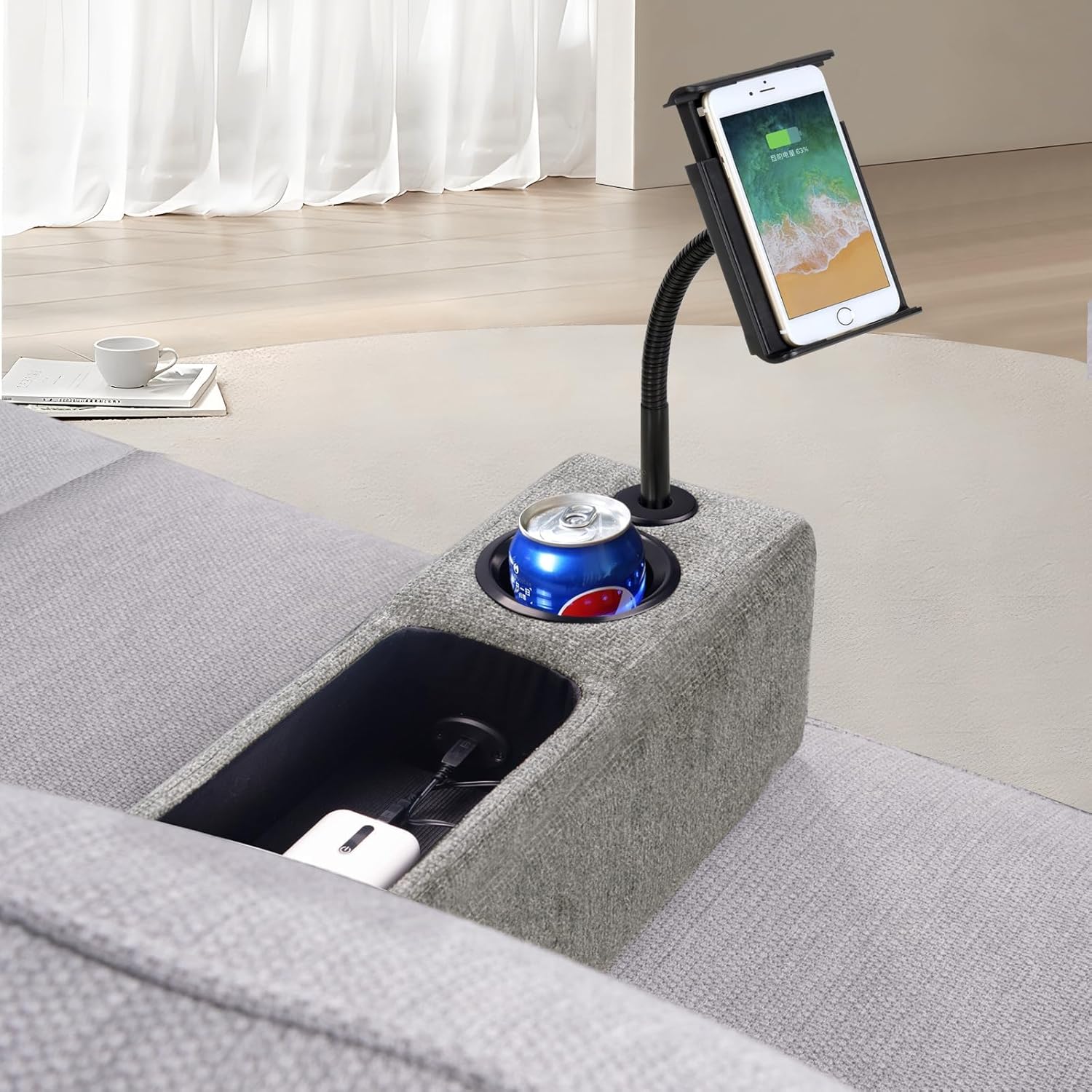 Multifunctional Sofa Armrest, Couch Armrest with Wireless Charge Stand, Removable Couch Caddy with Storage,Including LED Reading Light - Image 2