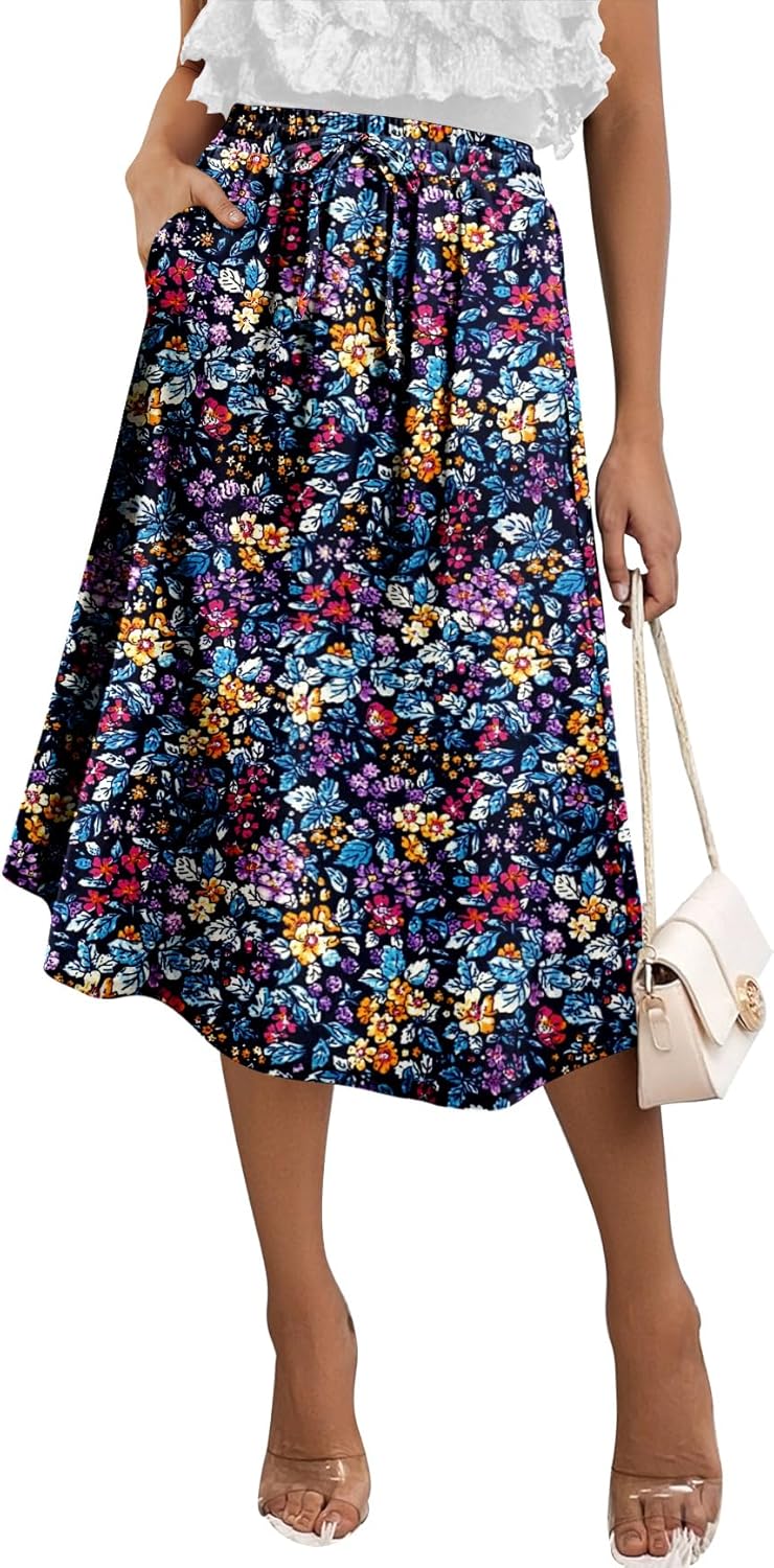 Angerella Womens Skirt Midi High Waist A-Line Casual Floral Print Trendy Bohemia Work Elegant with Pockets