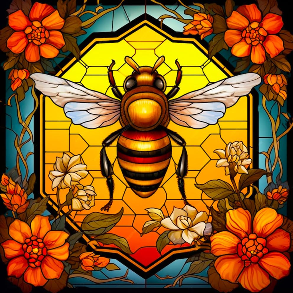 XylogistBee Diamond Painting Kits for Beginner - 5D Bee Diamond Art Kits for Adults, DIY Stained Glass Bee Diamond Painting Gem Art Crafts, Diamond Art Painting for Home Decor Walls Gifts 14X14Inch