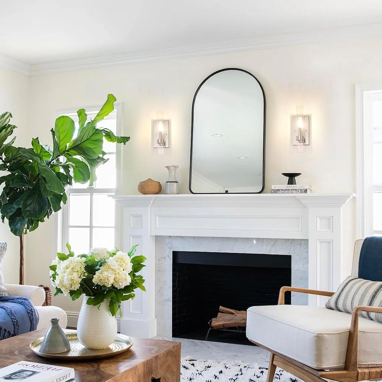 Package contents including wall sconce, glass shades, bulb, and mounting hardware.