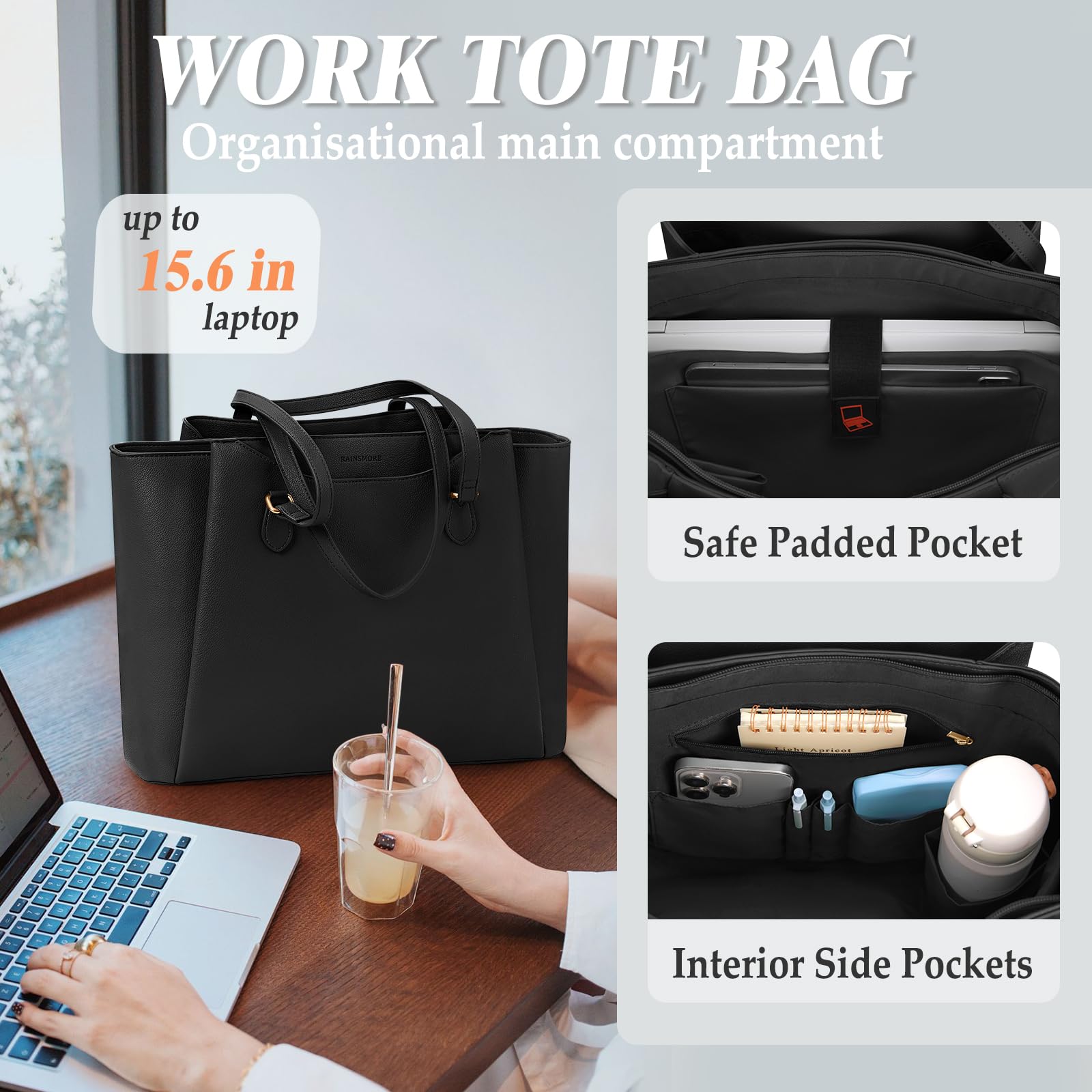 RAINSMORE Handtasche Damen 15,6 Zoll Shopper Tote Bag PU Leder Laptoptasche Business Schwarz