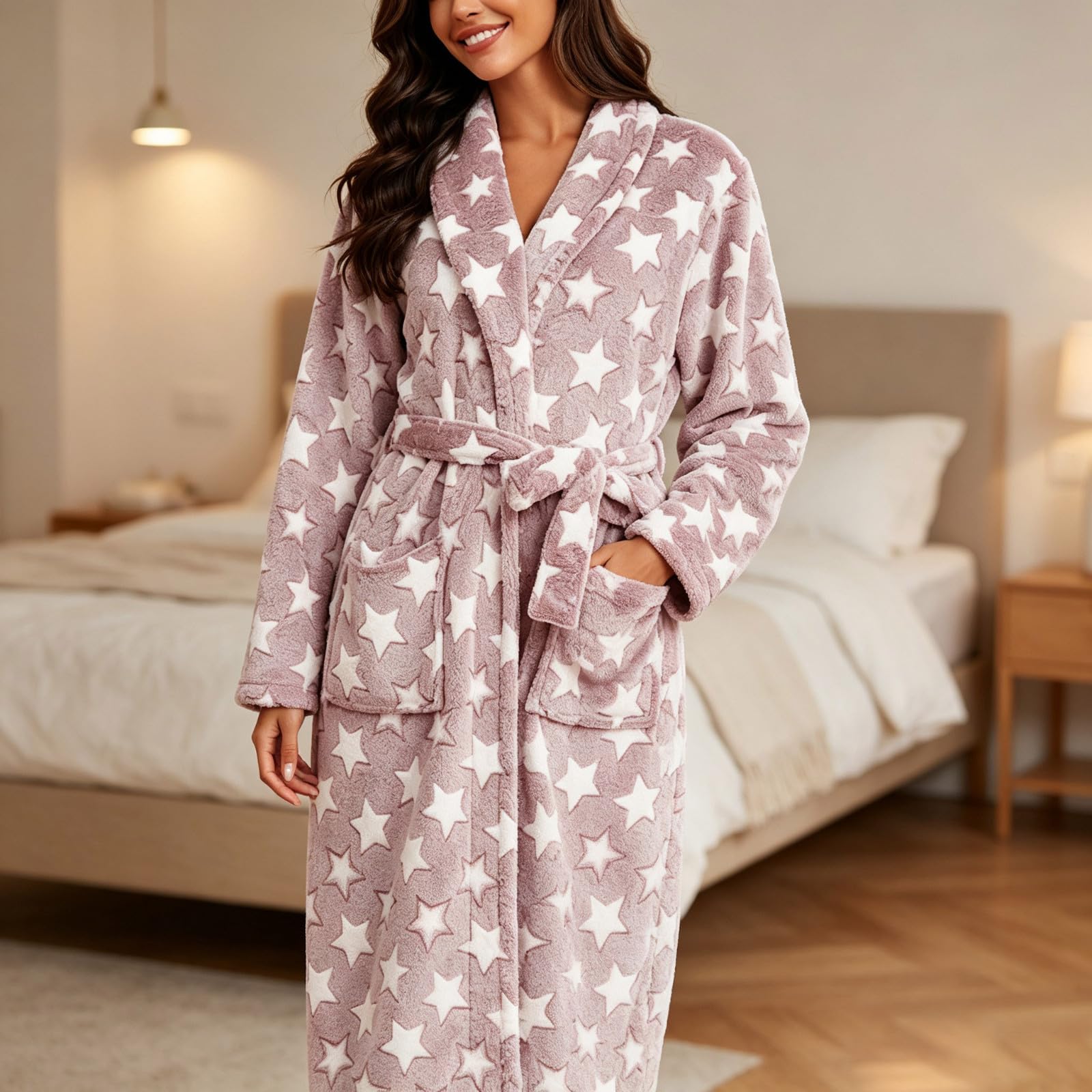 Peignoir Long Femme Polaire Manches Longues avec Assemblage Imprimé Étoiles