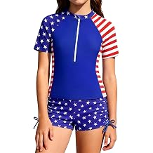 Girls 2 Piece Rash Guard Swimsuit Short Sleeve Padded Zipper Shirt with Ruched Drawstring Shorts 7-16Y
