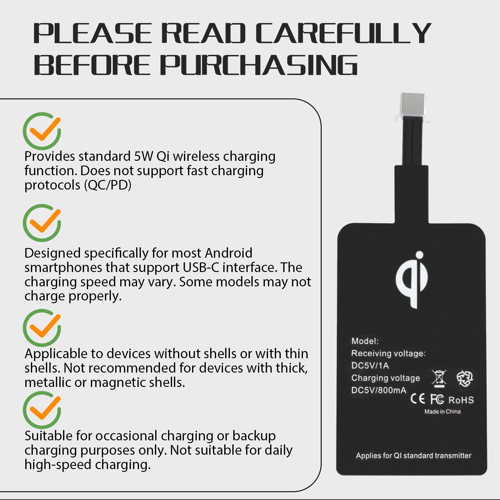 Ricevitore Qi USB C, Ricevitore Ricarica Wireless 5V 1000mA, Adattatore Universale di Ricarica Induzione Compatibile con Smartphone Samsung Galaxy, Huawei, Xiaomi, Google Pixel e altri, Ricarica
