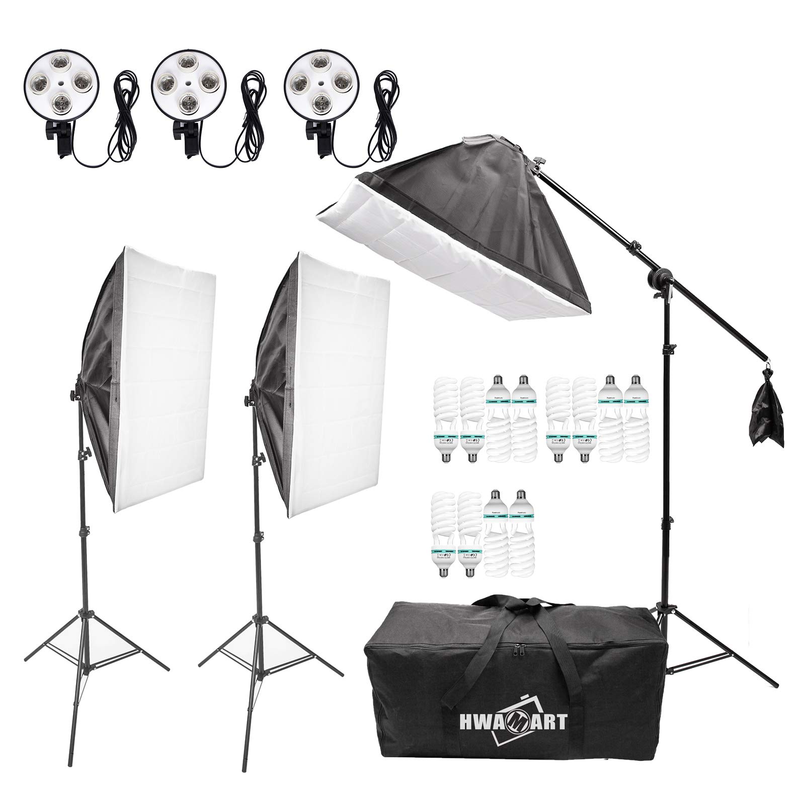 PYXEL STUDIO Iluminación Fotográfica Softbox Kit, Sistema de Montaje de Estudio Fotográfico, con 12 Bombillas 135W, 3 Softboxes, 3 Trípodes, Kit de Iluminación Profesional para Retratos y Video