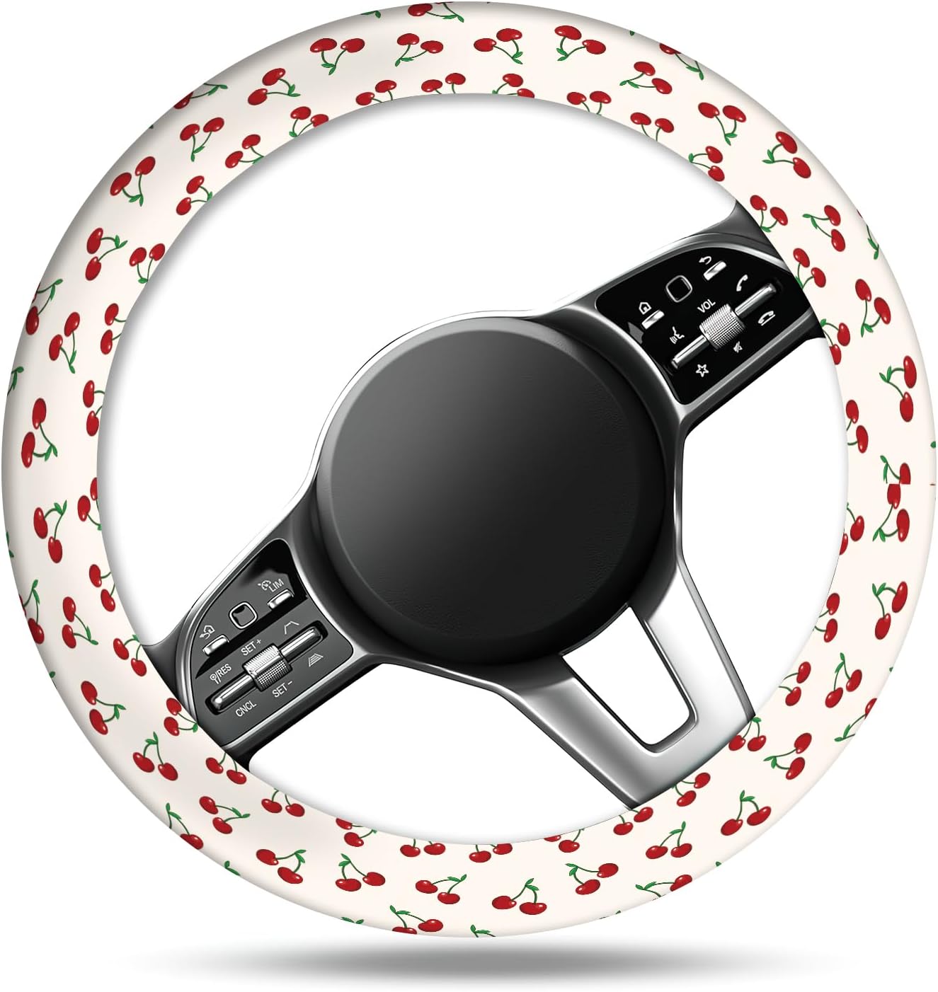 Car Steering Wheel Cover, Universal 15 Inch Non-Slip Breathable Neoprene Elastic Steering Wheel Protector, Cute Car Accessories for Women Men Fit Auto, Suvs White Cute Red Cherry