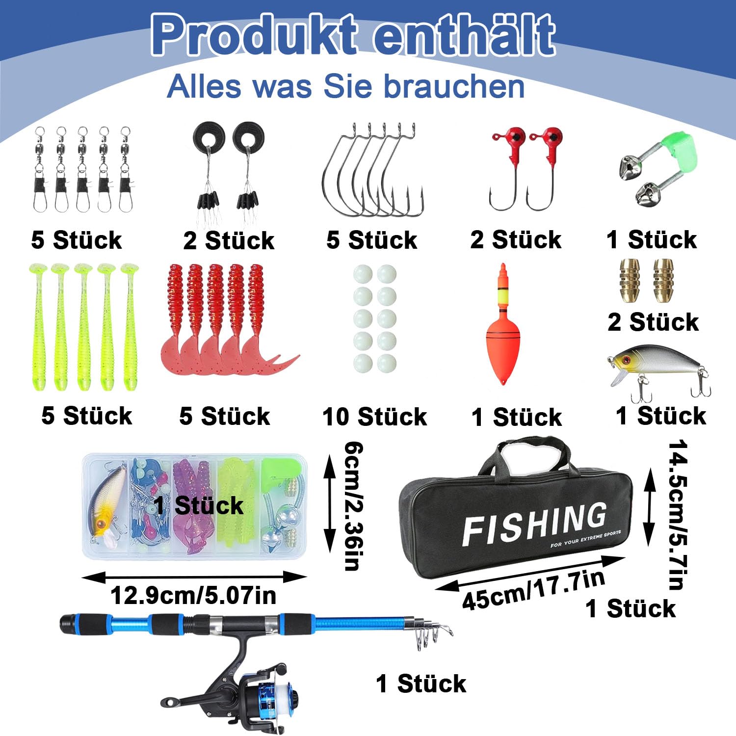 Set da pesca per bambini, asta telescopica e kit combinato a rulli, per ragazzi/ragazze, strumenti di pesca completi con rullo spincast, esche e attrezzi | regalo portatile per bambini per fascia di