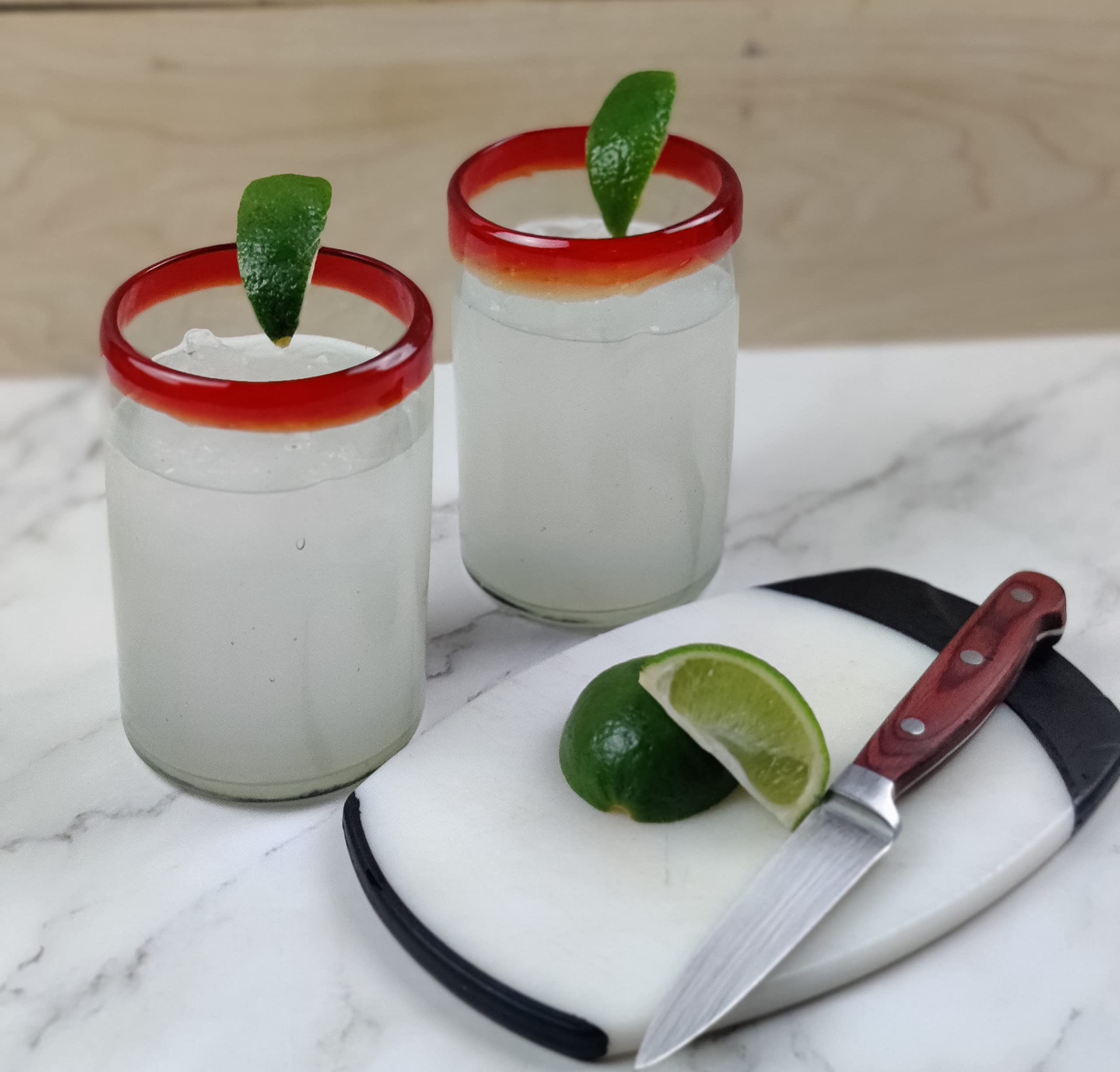 Dos Sueños Vasos mexicanos soplados a mano, juego de 6 vasos con bordes rojos (14 onzas cada uno)