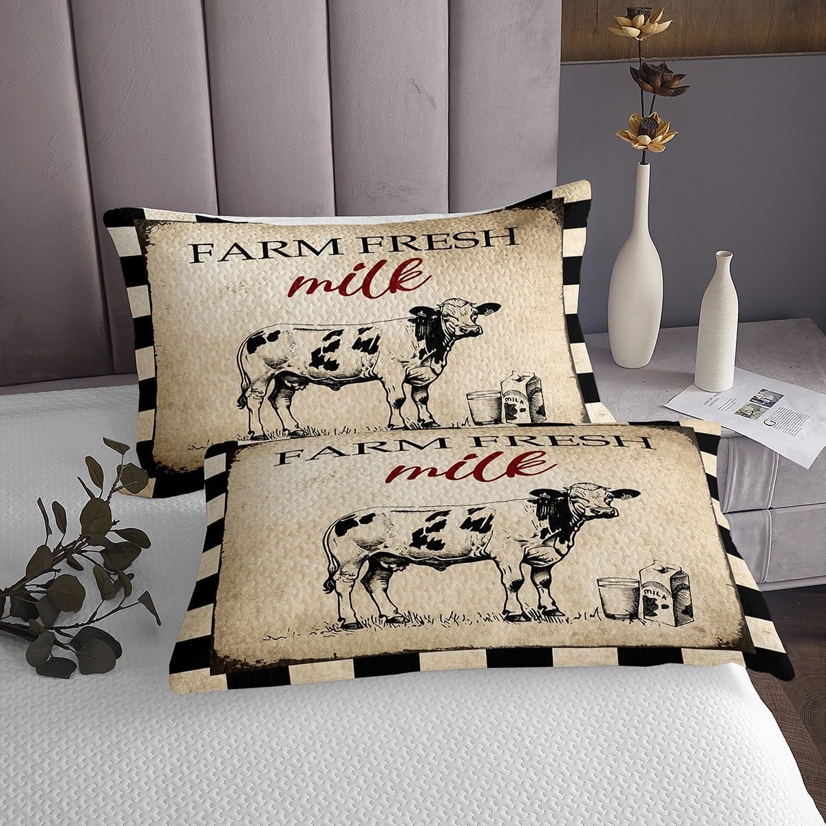 Cow Bedspread King Size,Milk Cow Farm Animal Bedding Set for Kids Boys Girls Room Decor,Rustic Farmhouse Style Retro Quilt 3Pcs,Beige Vintage Black White Plaid Coverlet Set,2 Pillowcases
