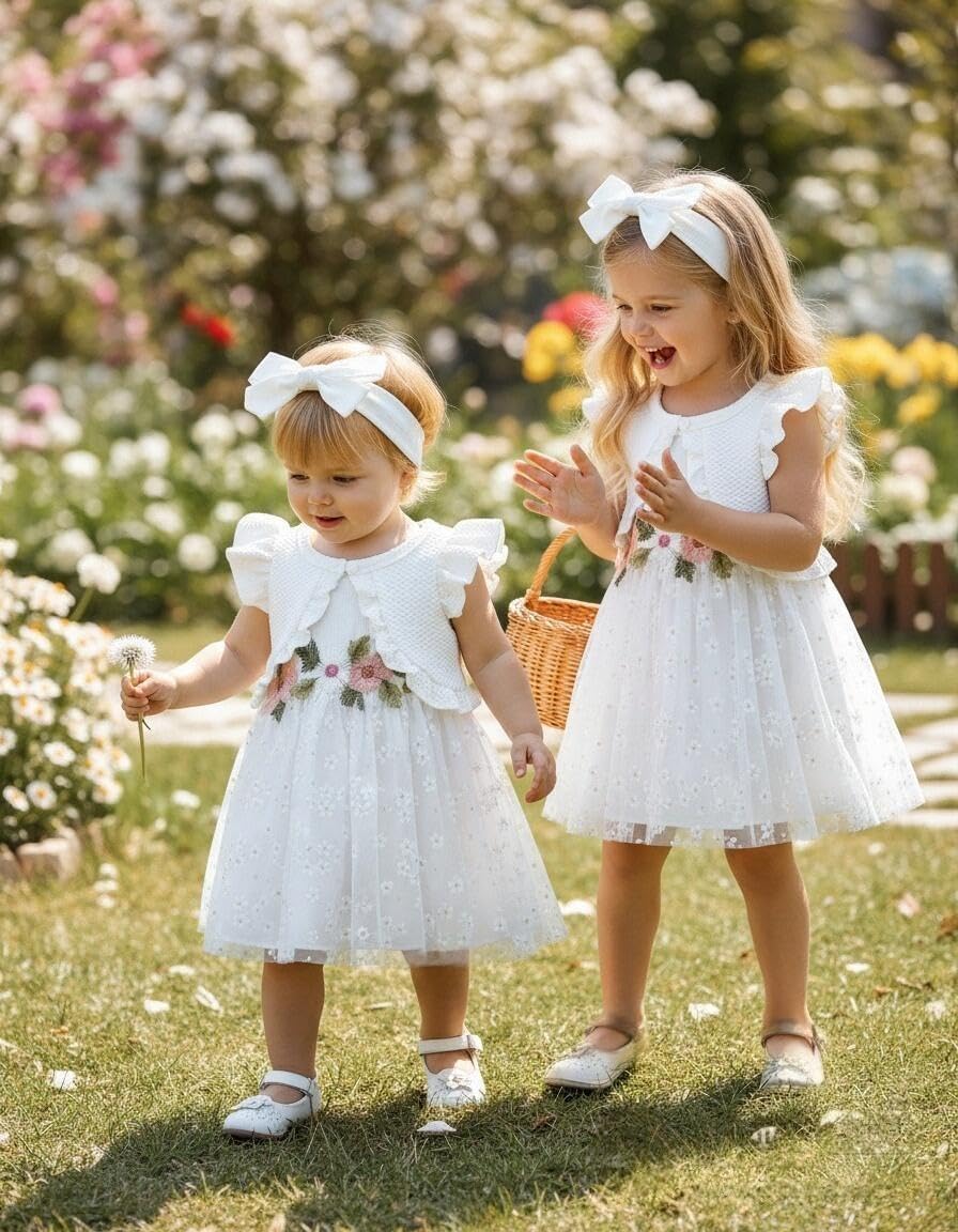 Renotemy Newborn Baby Girl Baptism Tutu Dress White Flower Tulle Sleeveless Dresses with Ruffle Sleeveless Cardigan Set Boho Summer Birthday Party Princess Wedding Dress for Baby Girl 3-6 Month - Image 3