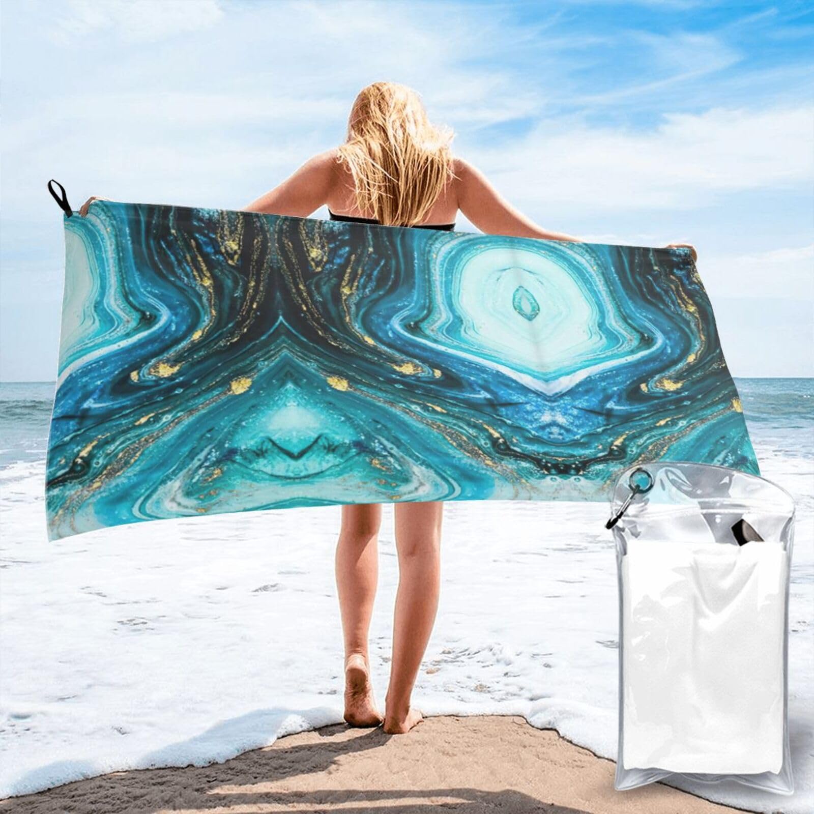 SDEGTHO Turquoise Blue Gold Marble Print Beach Towel Quick Dry Portable For Swimming Yoga Adults Fitness