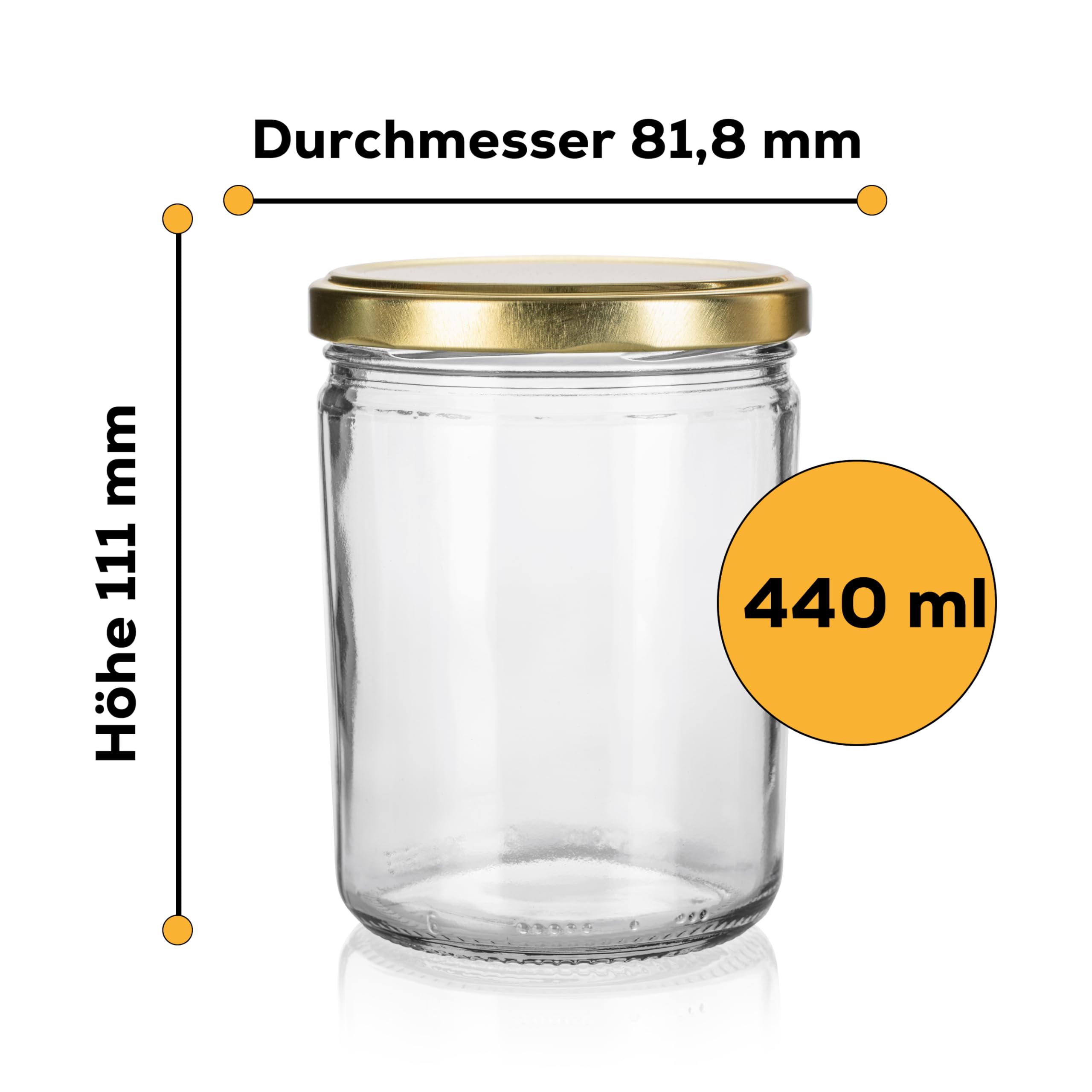 Sturzgläser mit Schraubdeckel | Füllmenge 440 ml | Gläser mit Deckel | Schraub - Deckel Twist Off 82 | Marmeladengläser, Einmachgläser, Einkochgläser, Einmachglas 435 ml (Golden, 96 Stück)