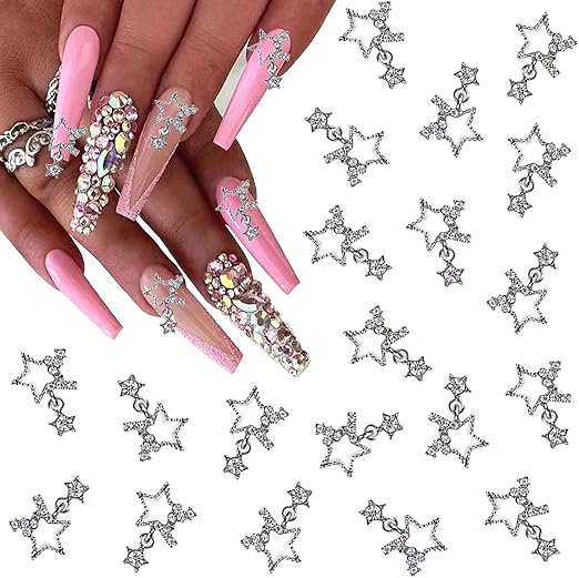KACHIMOO Star Nail Charms,20 Pieces Dangling Star Nail Charms 3D Rhinestones Stars