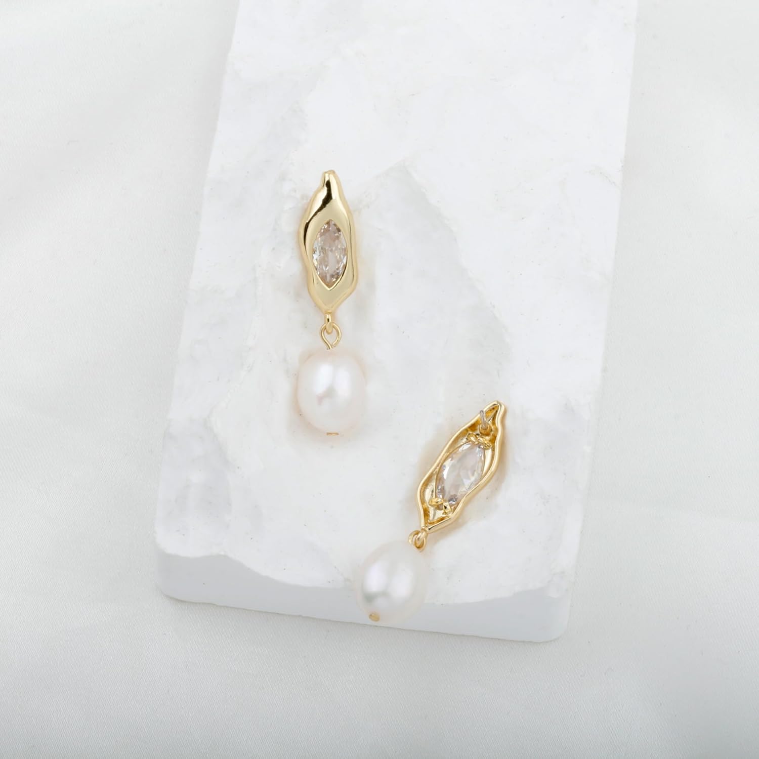 Handmade Freshwater Cultured White Baroque Pearl Dangling Drop Earrings for Women, 14K Gold Plated - Image 2