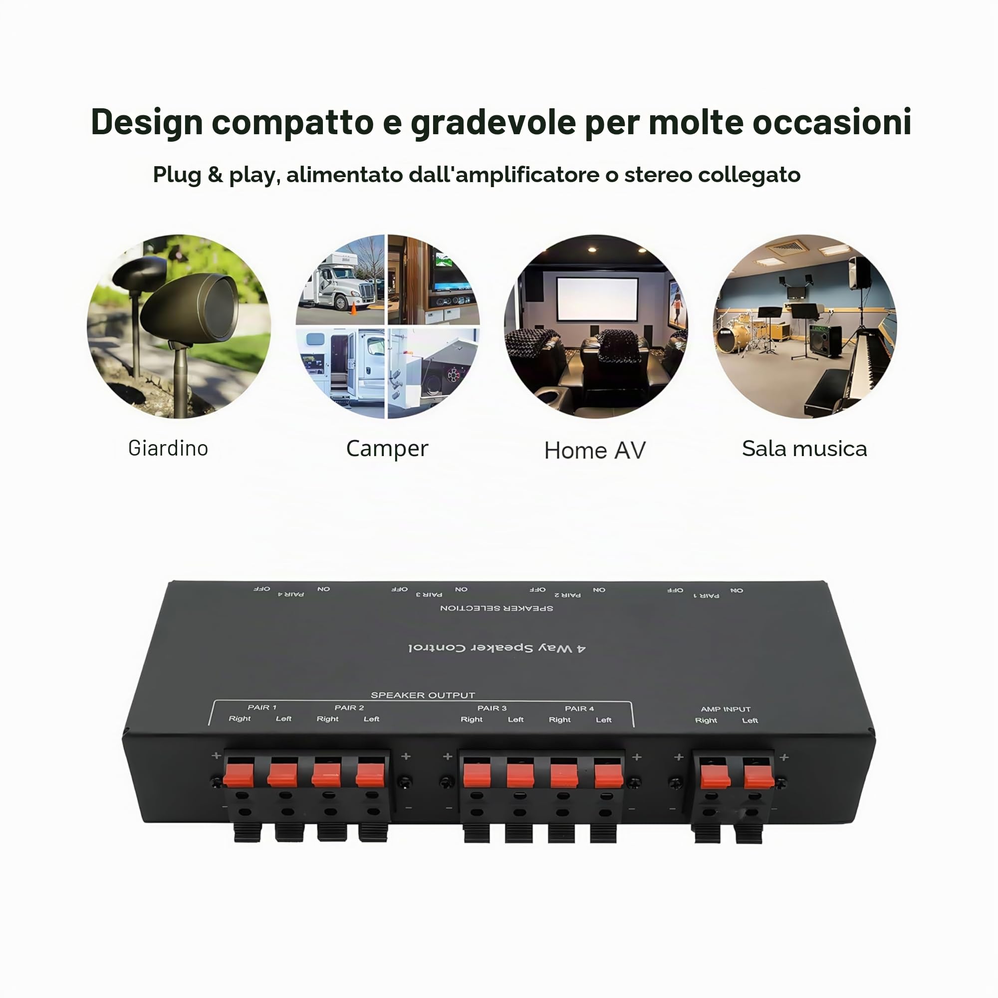 Hub di Selezione per Altoparlanti Passivi a 4 Canali, Distributore di Suono per 4 Zone, Supporta fino a 200W/Potenza Totale, Alloggiamento Quadrato Interamente in Metallo