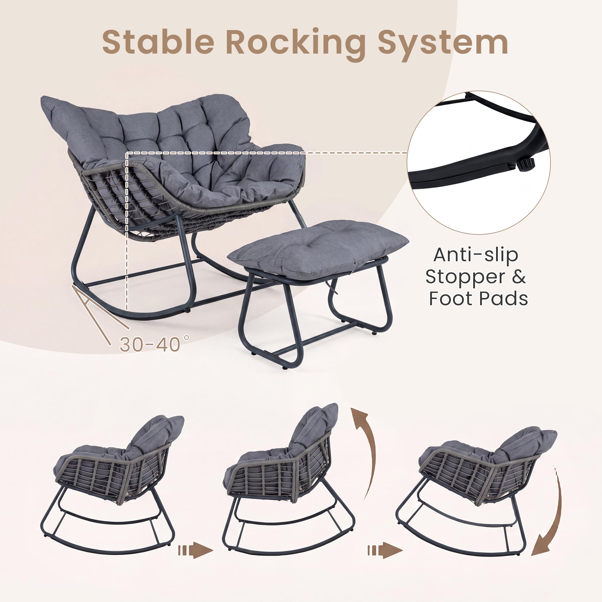 GIANTEX Fauteuil a Bascule avec Repose-Pied, Chaise a Bascule Surdimensionné avec Assise en Rotin PE, Coussin Amovible Rembourré, Cadre Métallique Robuste, pour Salon, Balcon, Jardin (Gris)