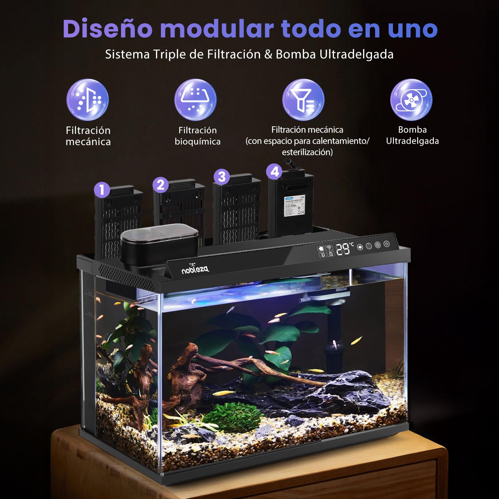 Nobleza Acuario Inteligente 30L - Control por App - Pecera Inteligente con Triple Filtración, Alimentación Remota, Drenaje Automático en 1 Toque - Color Negro
