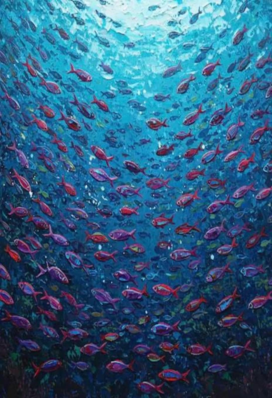 Baibexing Abstract Blue School Of Fish Canvas Painting Texture Underwater World Fish School Wall Art Posters Prints Home Decor A1 21X30Cm Unframed