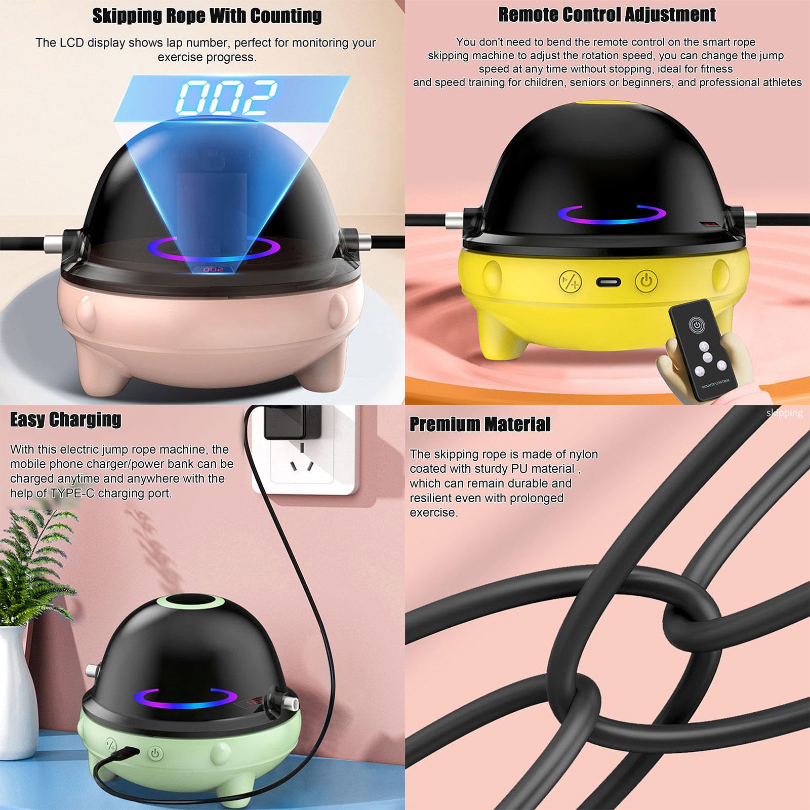 Macchina per Saltare La Corda Intelligente, Corda per Saltare Fitness Elettronica per Bambini Adulti, Corda per Saltare con Conteggio, 10 Velocità, Musica Bluetooth, Telecomando,Yellow