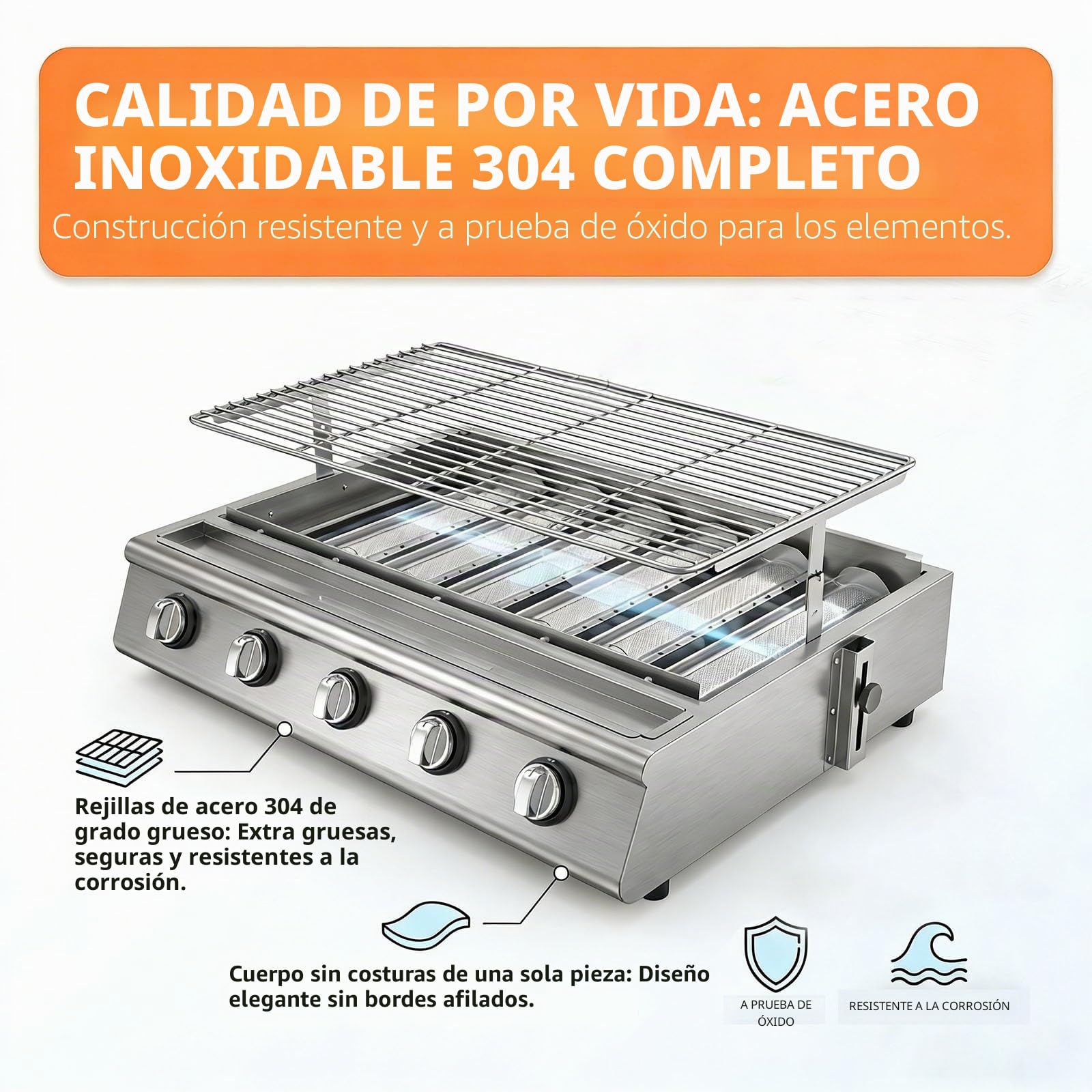 Barbacoa de Gas de Sobremesa Acero Inoxidable 304, 4/8/10 Quemadores con Tapa, Altura de Rejilla Regulable, Parrilla Profesional para Balcón y Camping, Butano 2800Pa(4 Burner)