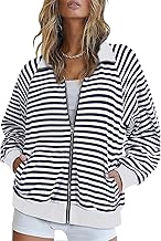 Womens Cardigans Ladies Full Zip Up Striped Sweatshirts Jackets for Women UK Womens Long Sleeve Tops with Pockets Fall Outfits Winter Clothes 2025 Black White Striped S