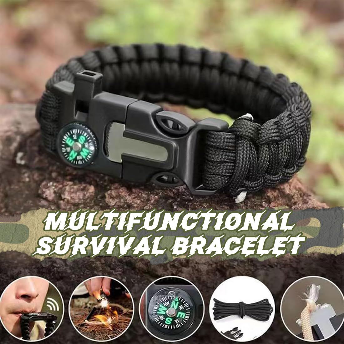 Paracord Braccialetto Set Contiene, Bracciale Sopravvivenza Regolabile, Kit Sopravvivenza con Flint + Bussola + Termometro, per attività all'aperto Escursionismo Campeggio di Emergenza, 2PCS