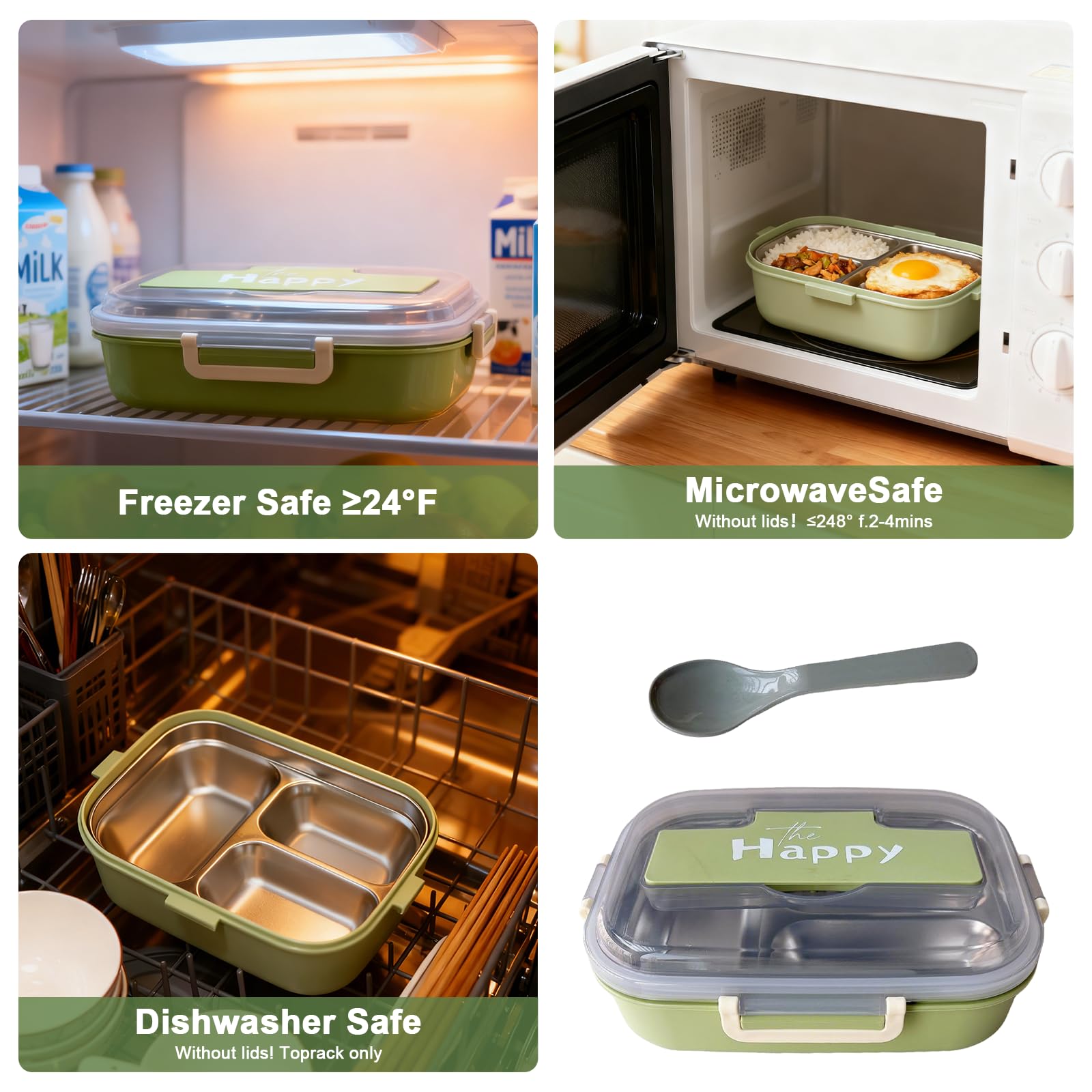 Fiambrera con 3 Compartimentos, Lunch Box Acero Inoxidable Interno, Externo sin BPA, Incluye Cuchara, Tapa Transparente, loncheras para Colegio y Viajes