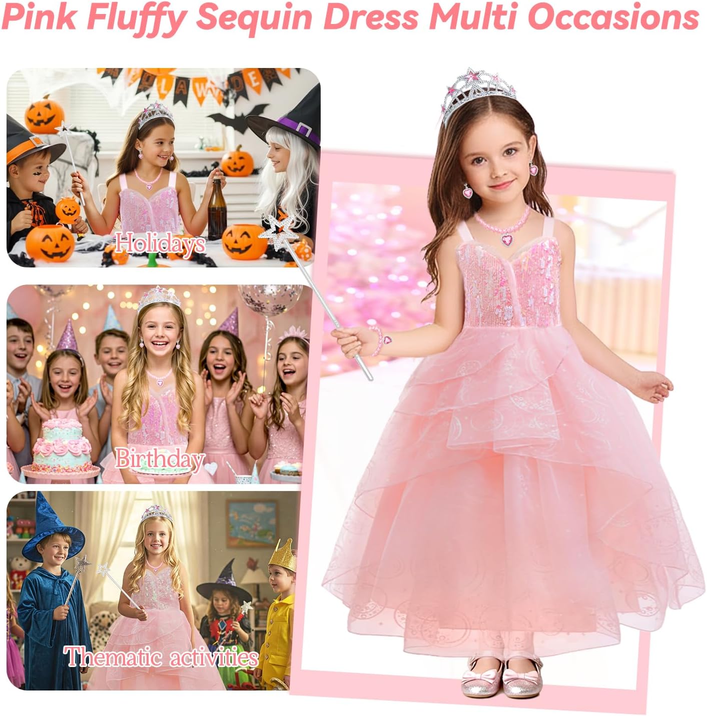 Wicked Glinda Dress Costume for Girls, Pink Tulle and Sequin Witch Dress for Kids Christmas、Halloween Cosplay Costumes - Image 6