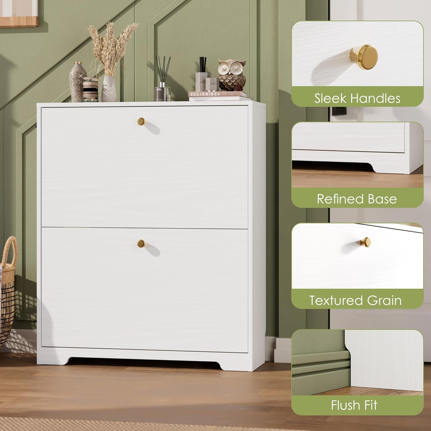 Nicetree Shoe Cabinet with 2 Flip Drawers, Narrow Shoe Organizer Cabinet, Freestanding Shoe Rack Cabinet, Morden Shoe Storage Cabinet for Entryway, Hallway, Foryer, White