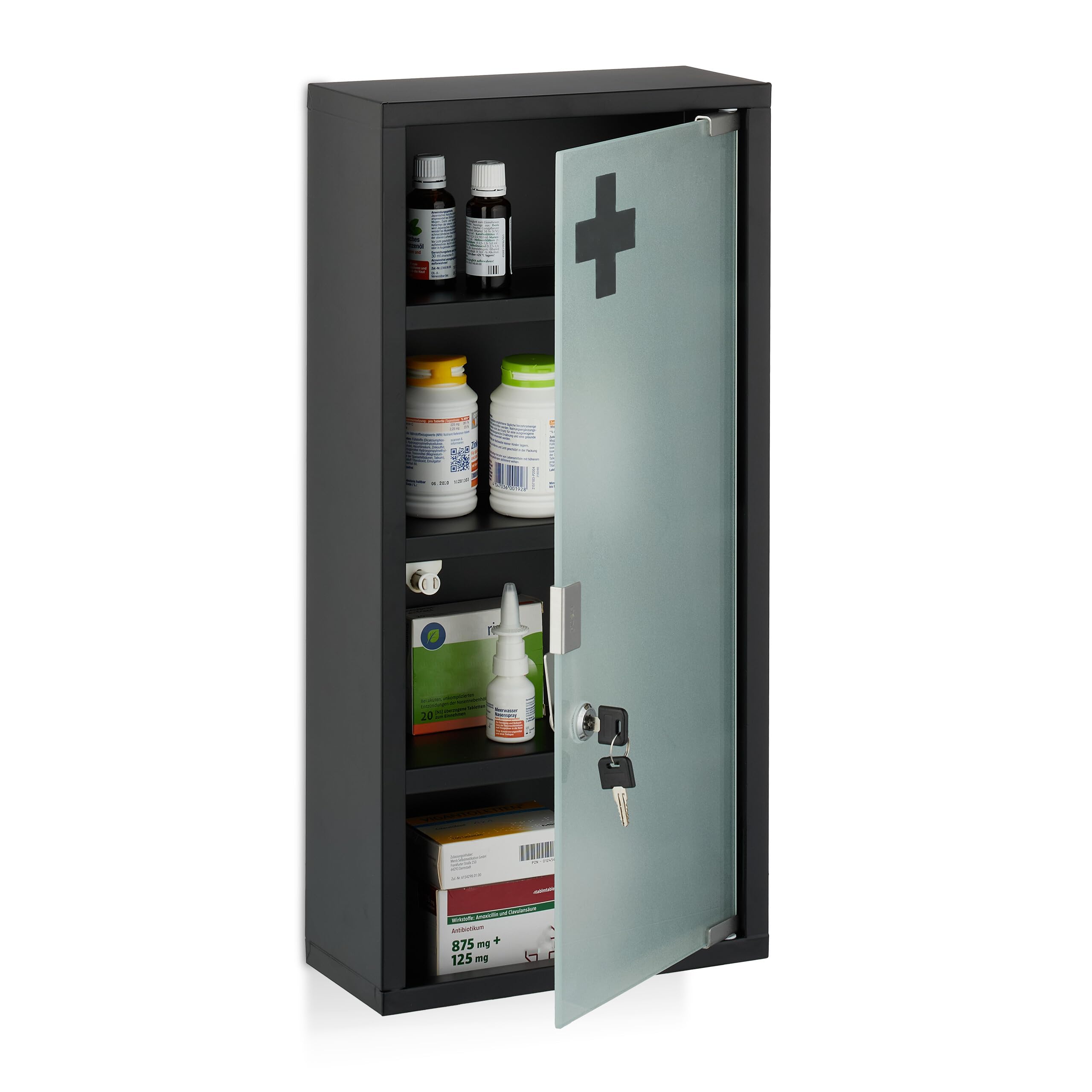 Relaxdays Black Medicine Cabinet, 4 Shelves, Hxwxd: 57 X 27 X 12 Cm, Lockable; First Aid Cupboard, Steel, Glass Door,