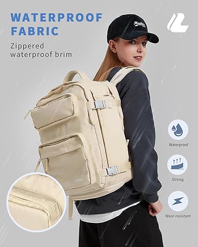 Miniatura 6 de LIVACASA Mochila de viaje impermeable para mujer, 40 L, aprobada por aerolíneas, mochila para portátil con compartimento y puerto USB, Beige,