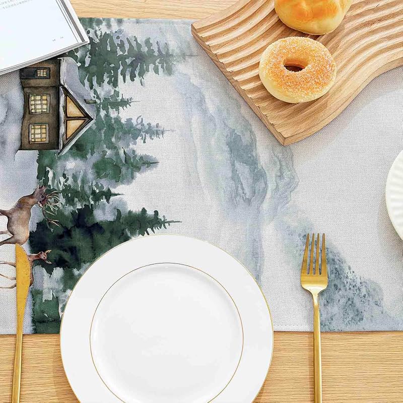 Fețiș de masă de Crăciun Kiatuniya cu model de reni și brazi în acuarelă verde, decor de iarnă pentru masa din bucătărie sau de petrecere
