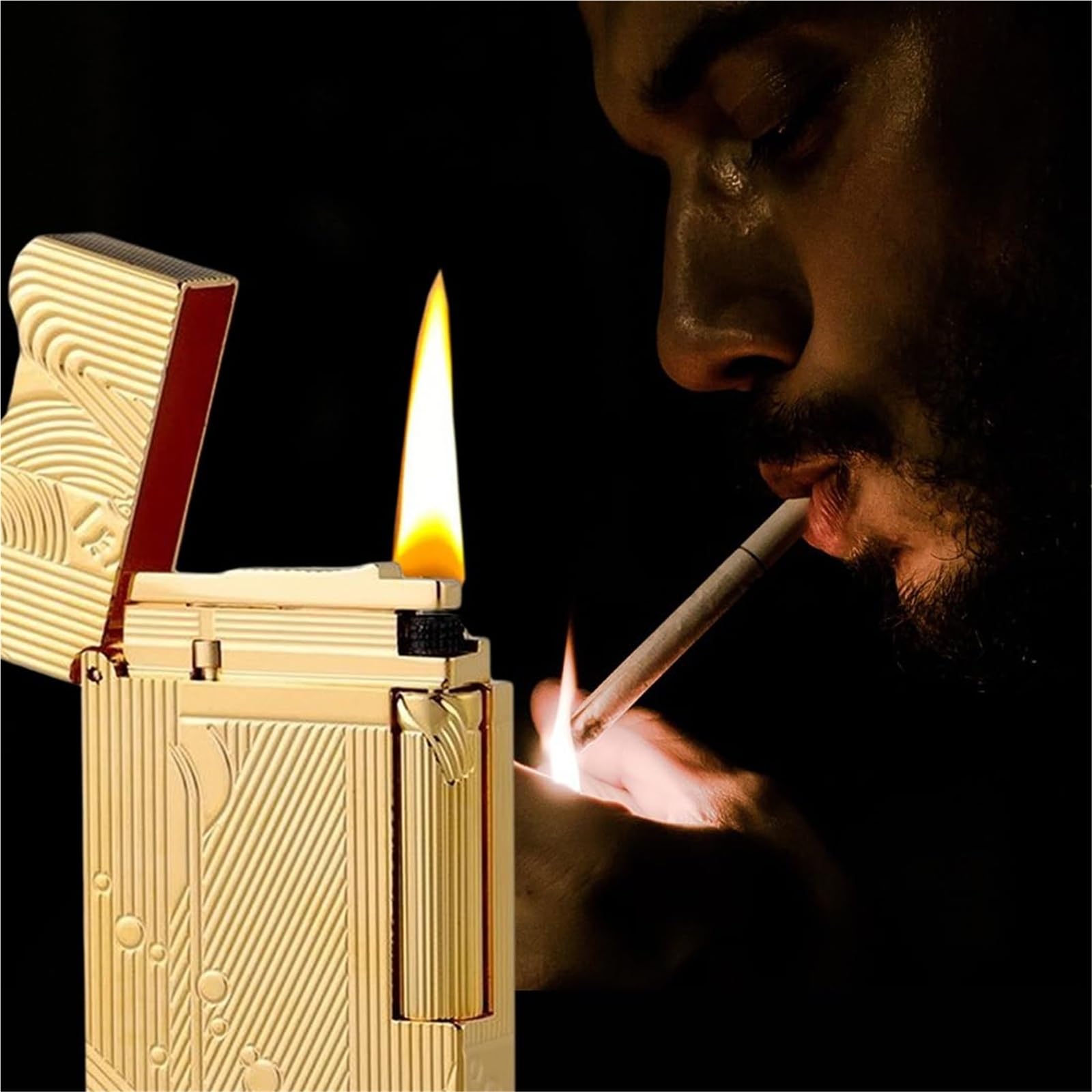 Retro-Petroleumfeuerzeug aus Messing, klassischer Klavierklang, handgeschnitzt, seitliche Zündung, nachfüllbar mit Kraftstoff, Geschenk for Männer, Väter und Ehemänner (ohne Petroleum)(Silver)