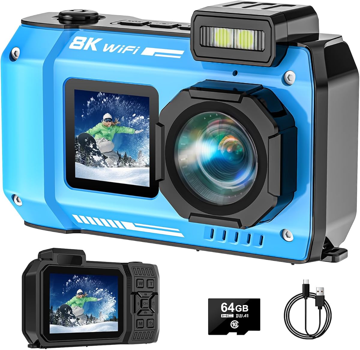 UHD 8K Underwater Camera, 70MP 33FT Waterproof Digital Camera with 64GB Card, Auto Focus Waterproof Dual-Screen Selfie 2500mAh Battery, 16X Floatable Digital for Snorkeling, Blue
