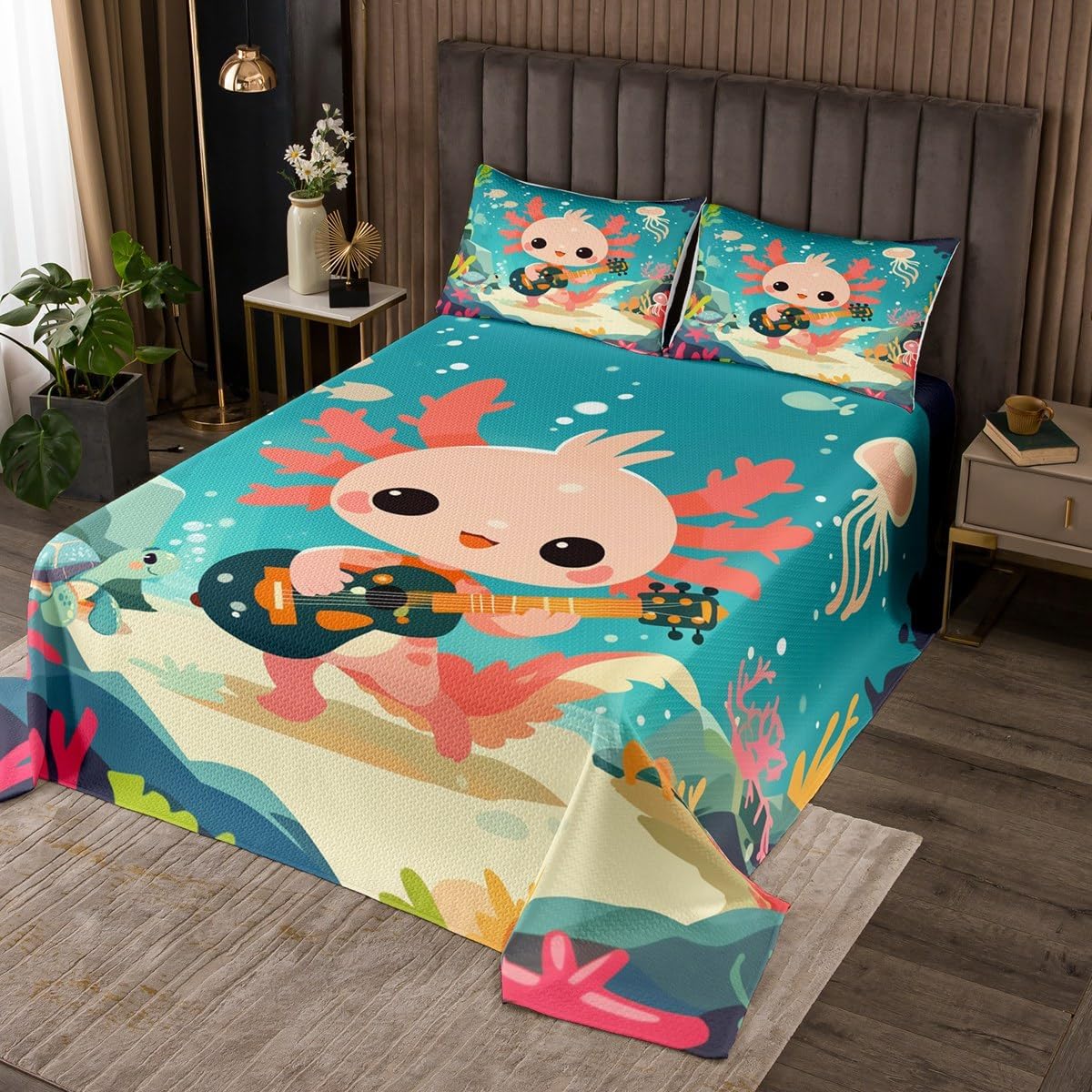 Erosebridal Kawaii Axolotl Bedspread Set, Nautical Sea Animal Coverlet Set Queen Coral Green Botanical Plant Quilted, Walking Fish Reptile Salamander Decor, Kawaii Room Decor