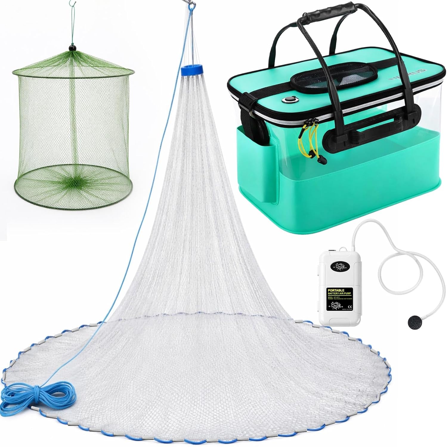 3 Pcs Fishing Bucket, Live Bait Aerator and Fishing Cast Net with Heavy Duty Sinker Foldable Live Bait Bucket Portable Quiet Aerator 4 Gallon Fish Transport Container Outdoor EVA Bag