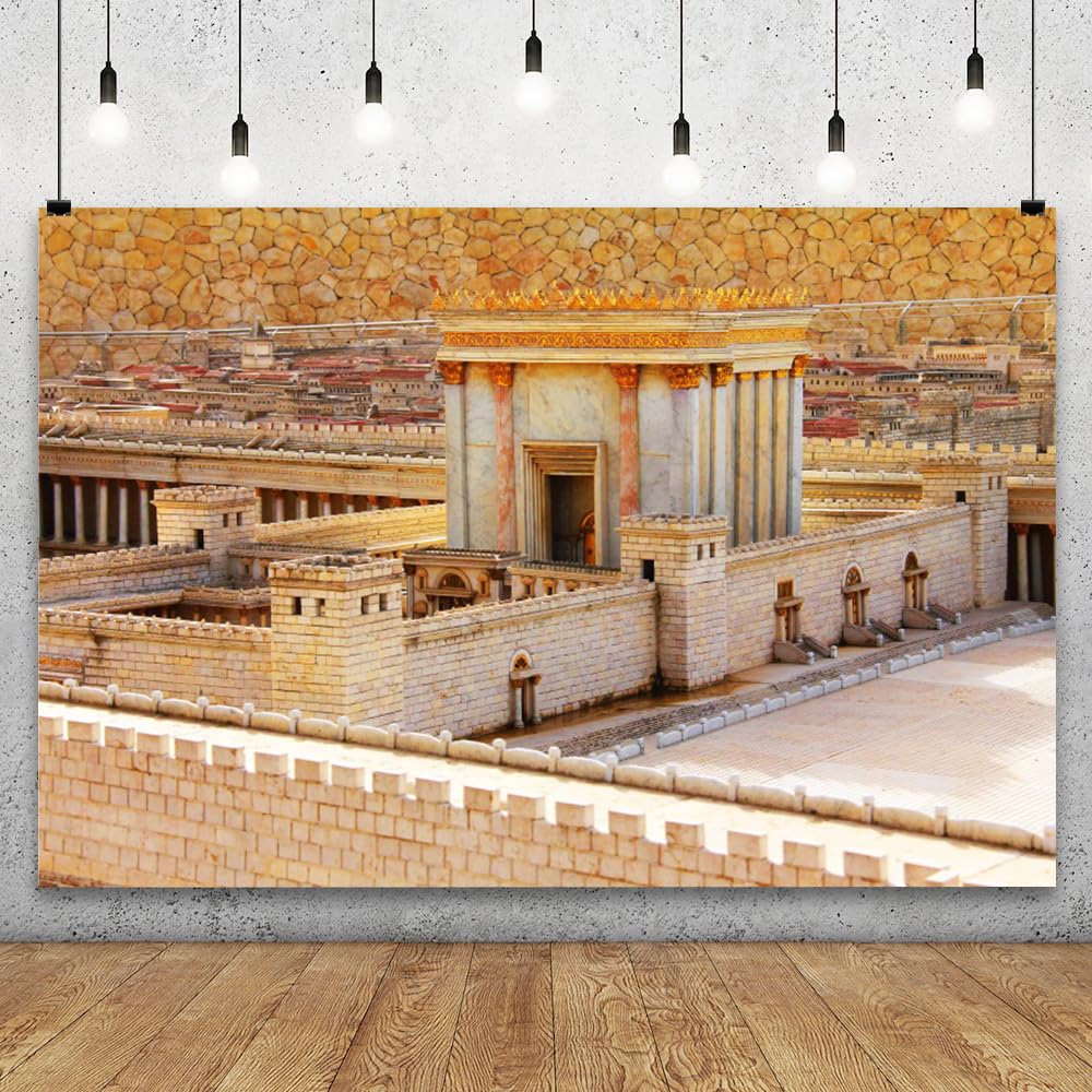 YongFoto Toile de fond du deuxième temple de Jérusalem antique 3 x 2,1 m Bataille de la vieille ville temple juif de la Terre Sainte Fond pour photographie Paysage de vacances Tour monumentaire
