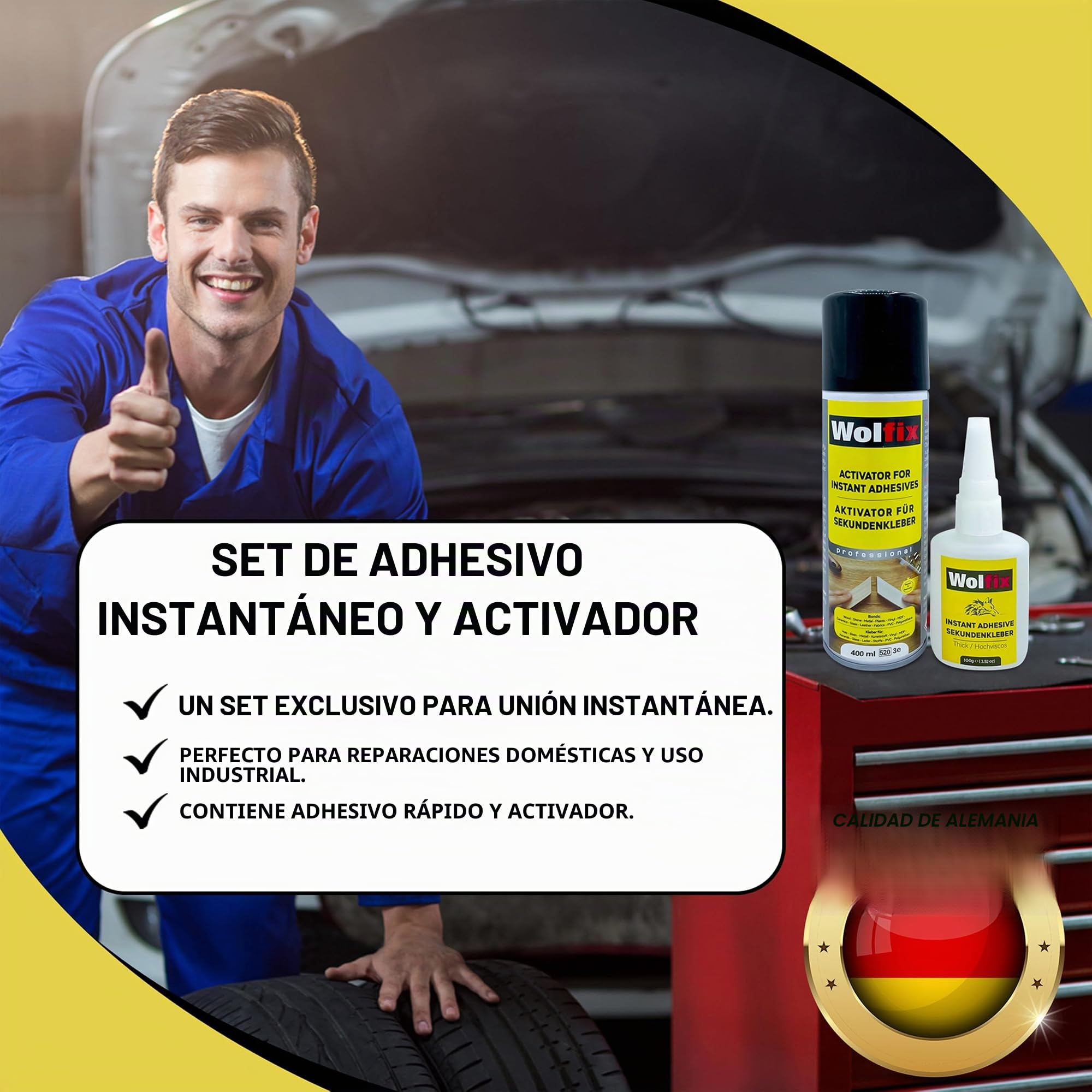 Wolfix Pegamento instantáneo 100 g con activador 400 ml spray para reparaciones universales con alta fuerza de adhesión universal cianoacrilato, juego de pegamento extra fuerte profesional