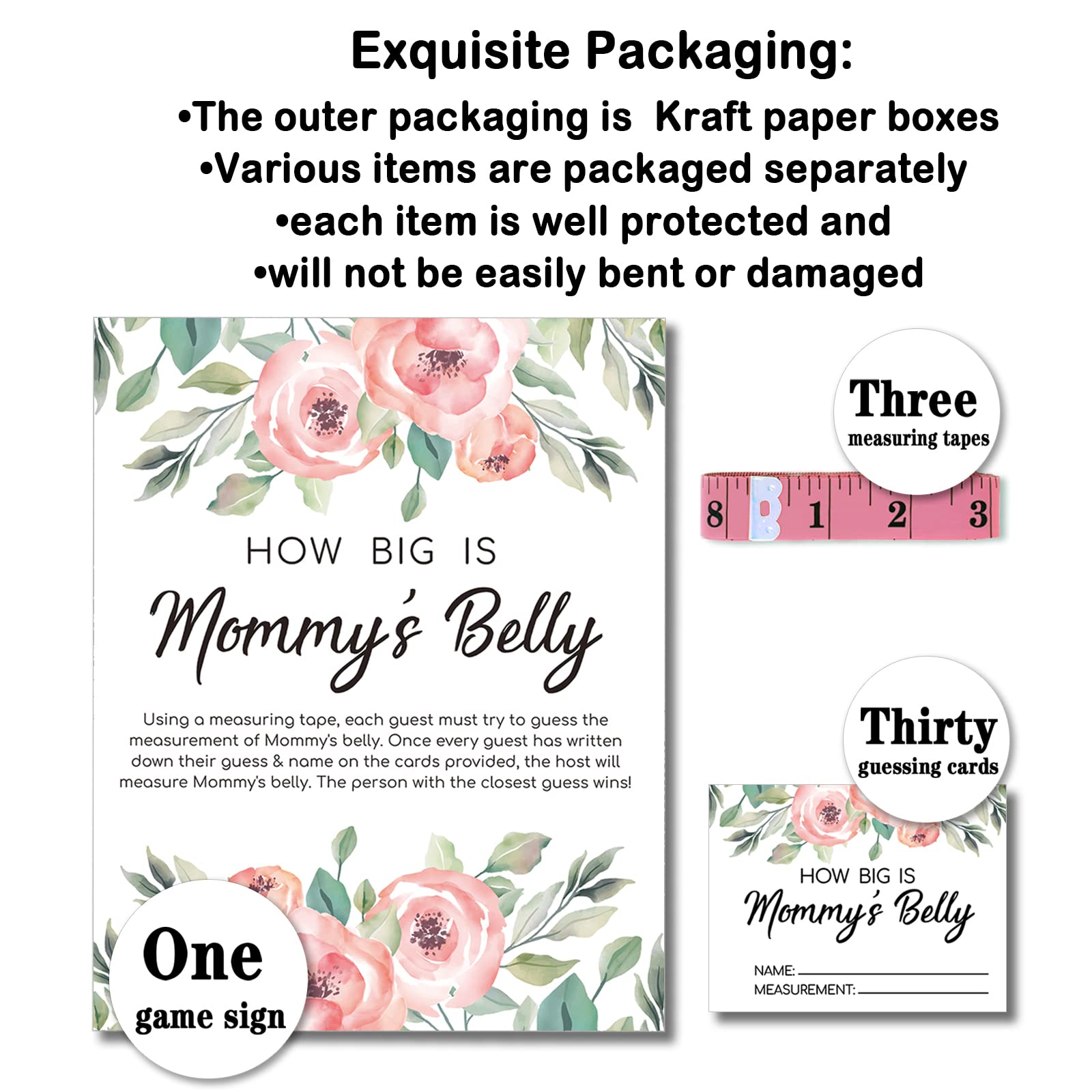 Amazon.com: 34 PCS Baby Shower Measure Belly Game How Big is Mommy's Belly,  30 Guessing Cards, 3 Measuring Tapes, and 1 Game Sign with Stand (Pink) :  Baby