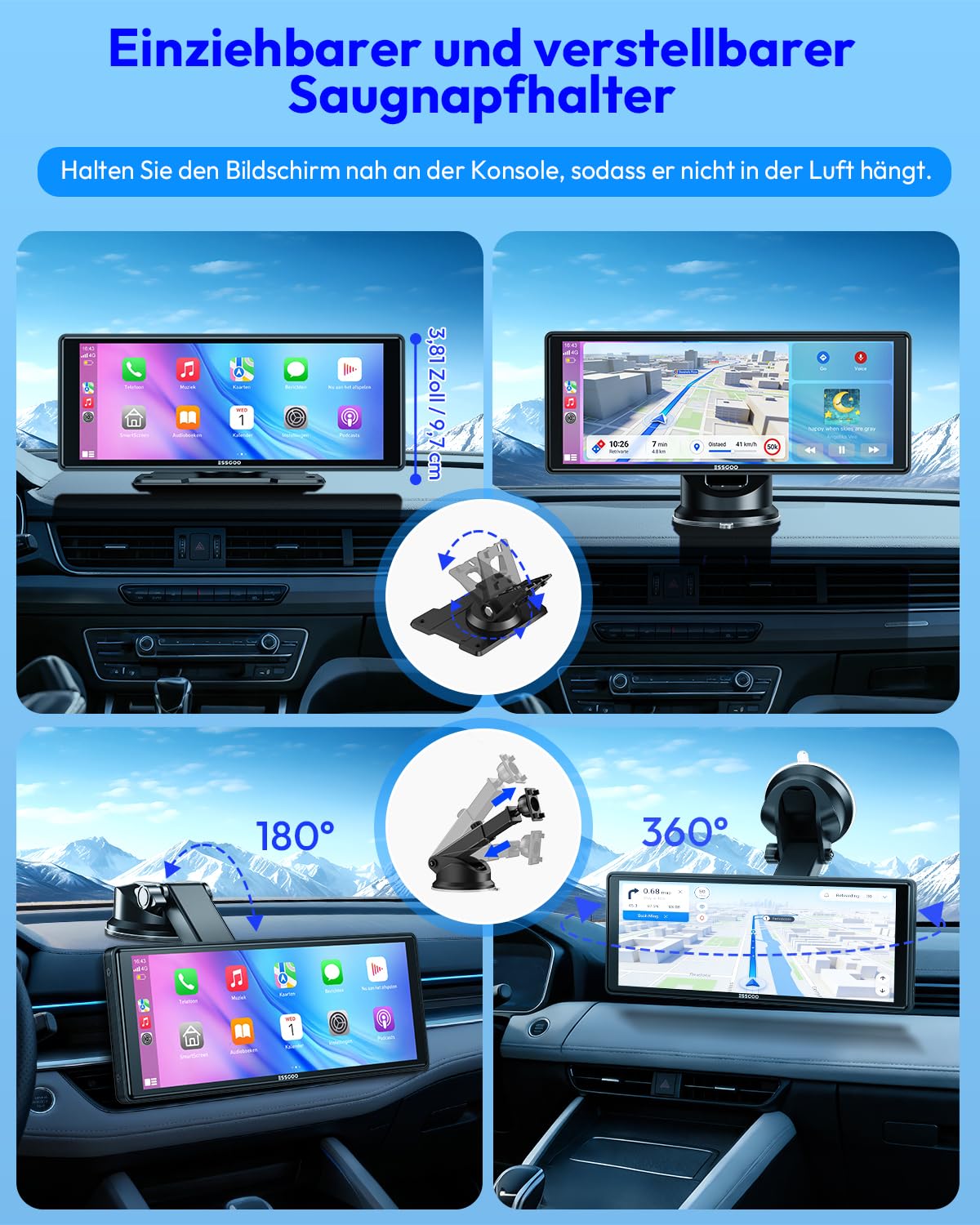 ESSGOO Carplay Android Auto Display10.26 Zoll,A-pple Carplay Bildschirm für AirPlay/Mirror Link,Car Multimedia Player mit Wireless Touchscreen,GPS Navigation,Bluetooth5.3,Sprachassistent,AUX,Autoradio