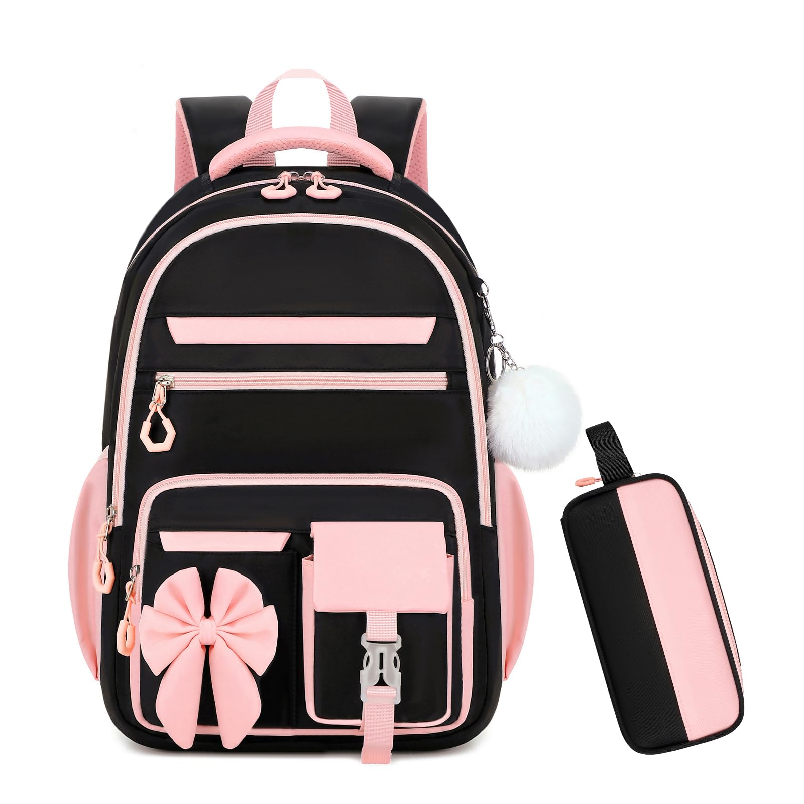 Zaino Scuola Elementare Bambina Leggero 2 Pezzi con Astuccio, NeroRosa