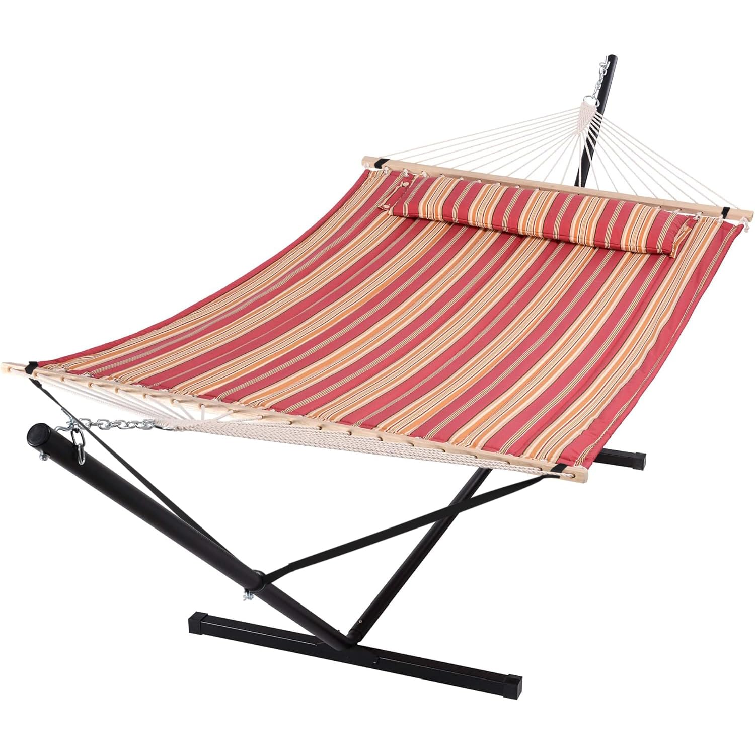 Condition photo showing New/Like New for suncreat outdoor hammock, two person quilted fabric hammock swing, red stripes