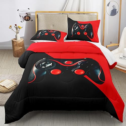 Miniatura 2 de Raphus cucullatus Juego de edredón de videojuegos para niños, tamaño individual, juegos de ropa de cama para niños, cama individual, edredón rojo y