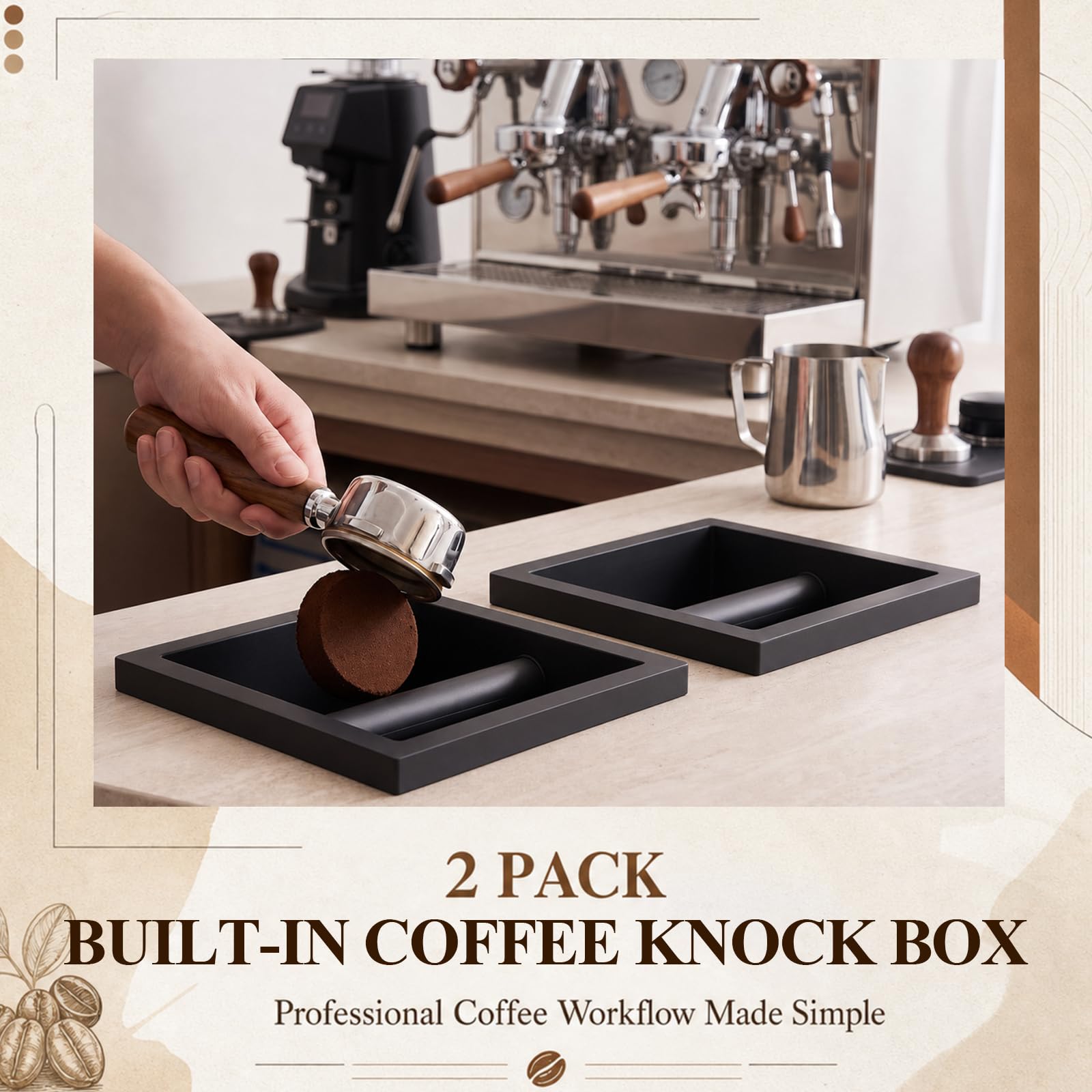 Mimorou Confezione da 2 contenitori per caffè espresso, in acciaio inox, con barra in gomma rimovibile, fondo aperto integrato, per casa, caffè, bar, bar e bancone
