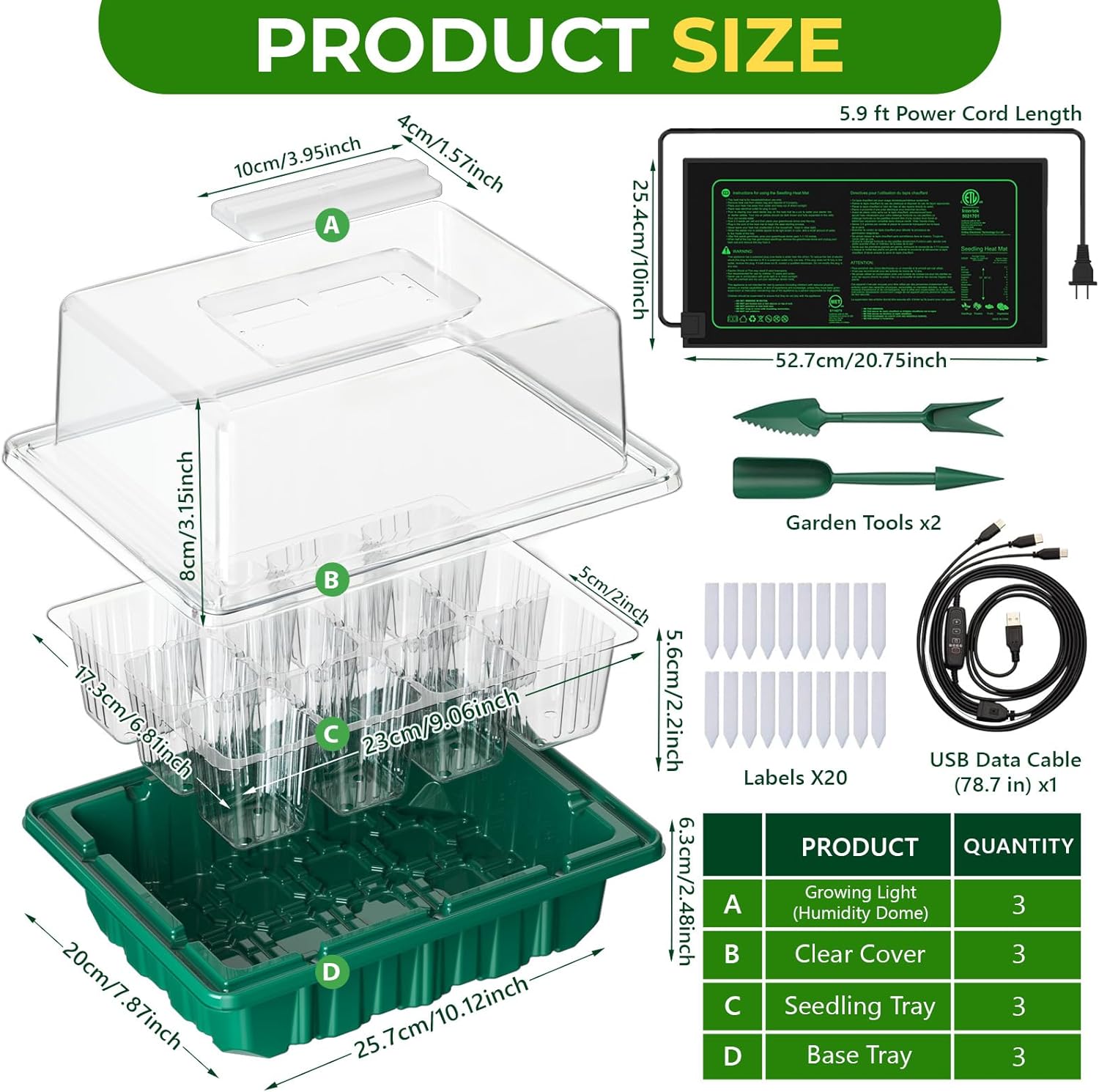 2026 Seed Starter Trays with Grow Lights and Heat Mat, 36 Extra Large Cells Plant Starting Kit, 4 Timing Set ,Humidity Domes Heightened Lids for Greenhouse Germination Seeds Growing Starting (3PACK)