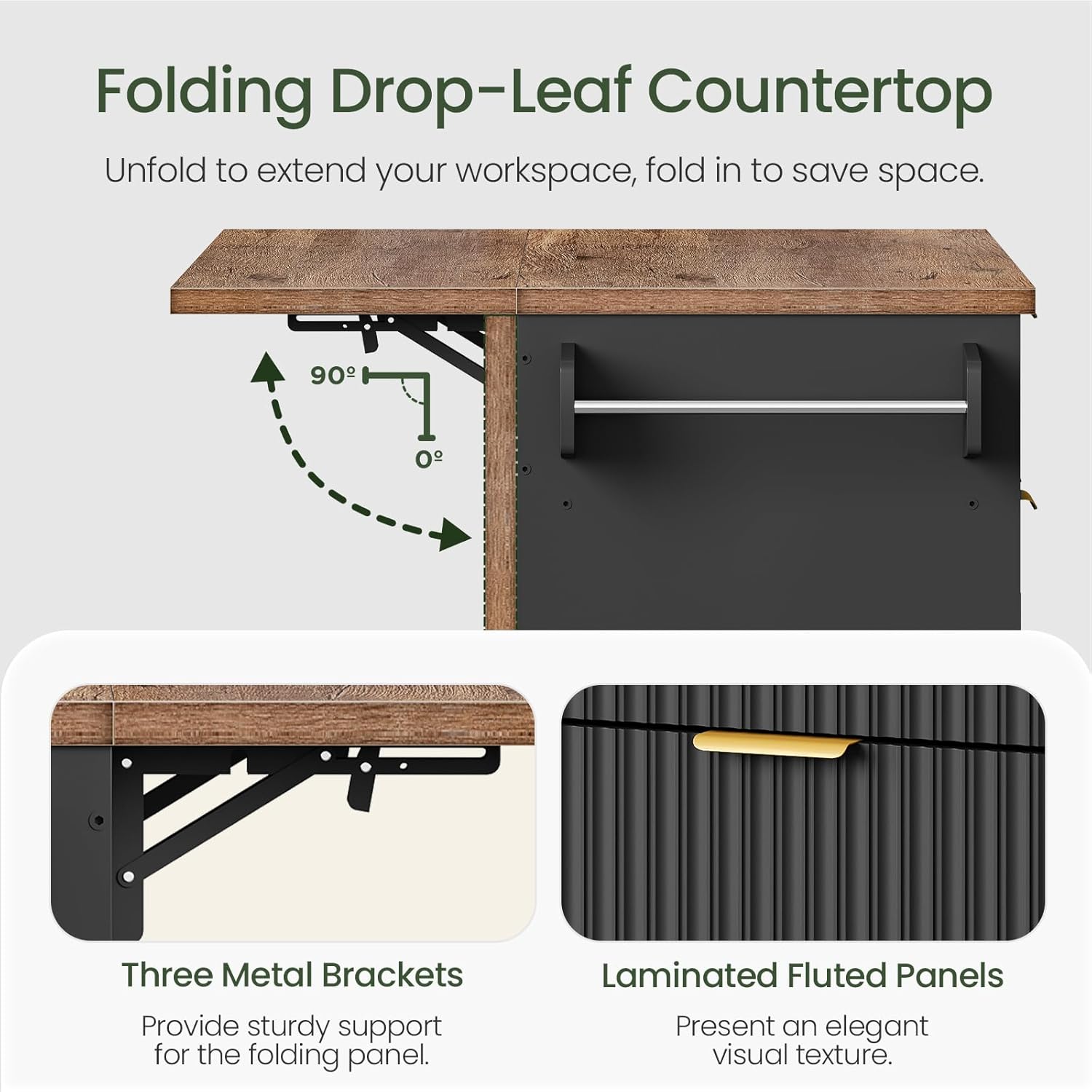 Mobile Kitchen Island with Folding Drop Leaf Countertop, Rolling Kitchen Island Cart with Trash Can Storage, Drawers, Adjustable Shelf, Spice Rack, for Dining Room, Black and Walnut MZD08BL