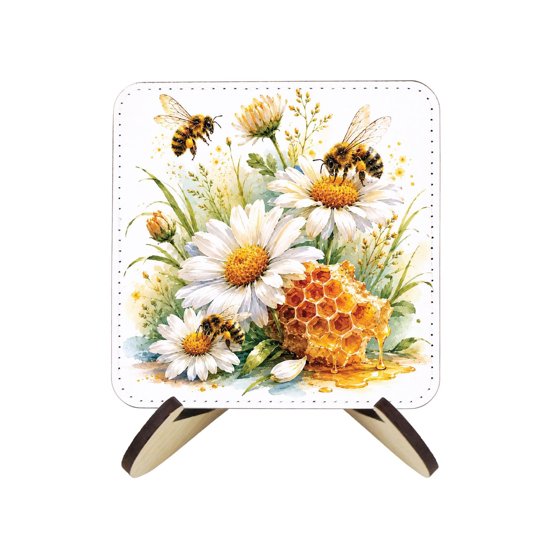 Daisy Bees Faux Leather Coaster Set - Round Table Decor Gift, 4pk & Stand